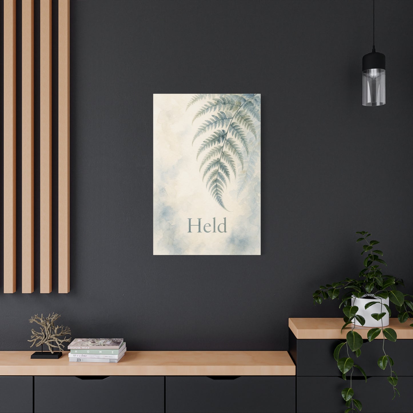 "Held" Fern Botanical Canvas Wall Art - Watercolor Leaf Print, Calming Bedroom Wall Decor, Minimalist Blue Green Nature Home Decoration, Meditation Space Accent - Ready to Hang - Cozy Reading Nook Art