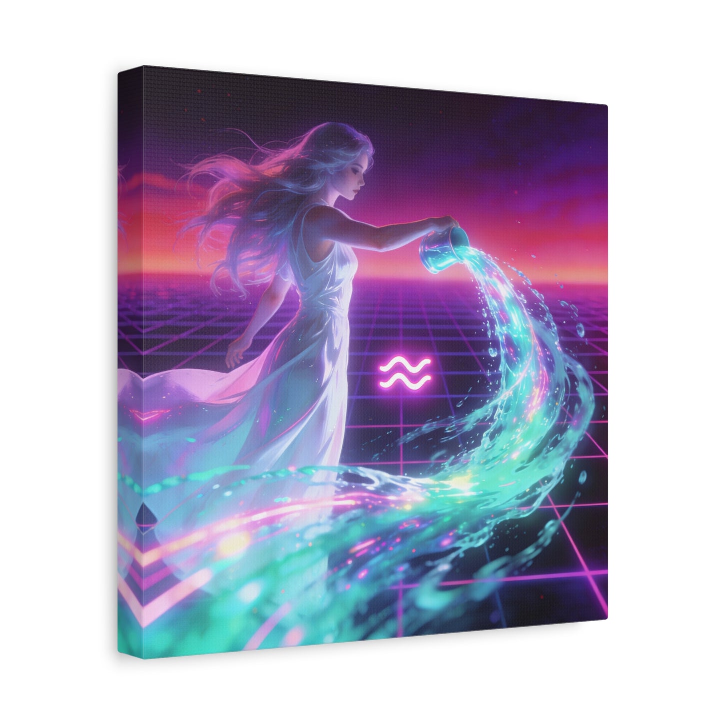 Aquarius Woman Canvas Wall Art - Neon Water Bearer Zodiac Illustration, Retro Synthwave Aesthetic - Matte Canvas Print - Bedroom Wall Decor, Home Office Accent, Mystical Decor - Modern Farmhouse Style