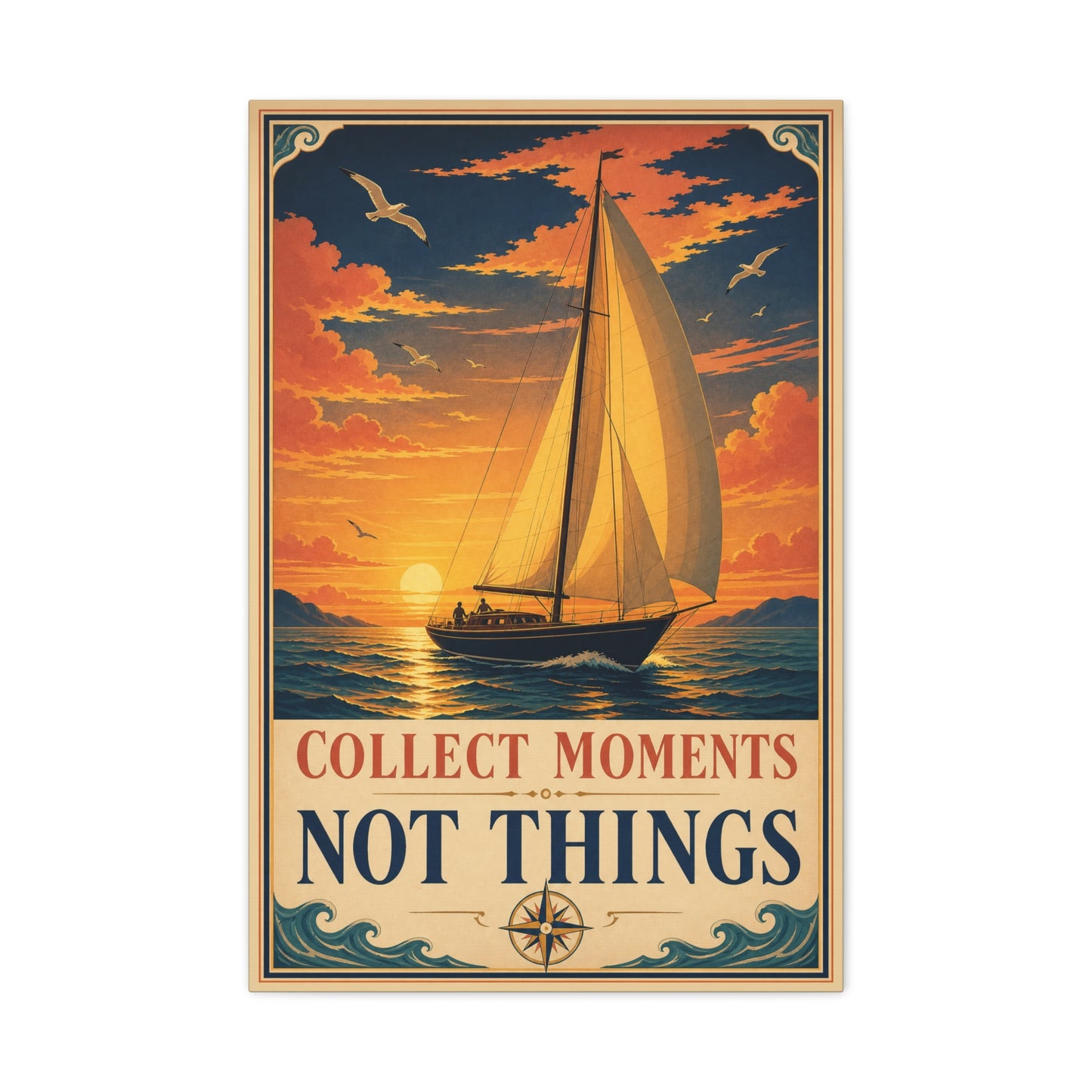 "Collect Moments Not Things" Sailboat Canvas Wall Art - Vintage Nautical Sunset Seascape, Inspirational Ocean Poster Style - Coastal Living Room Wall Decor, Bedroom Home Decoration - Ready to Hang