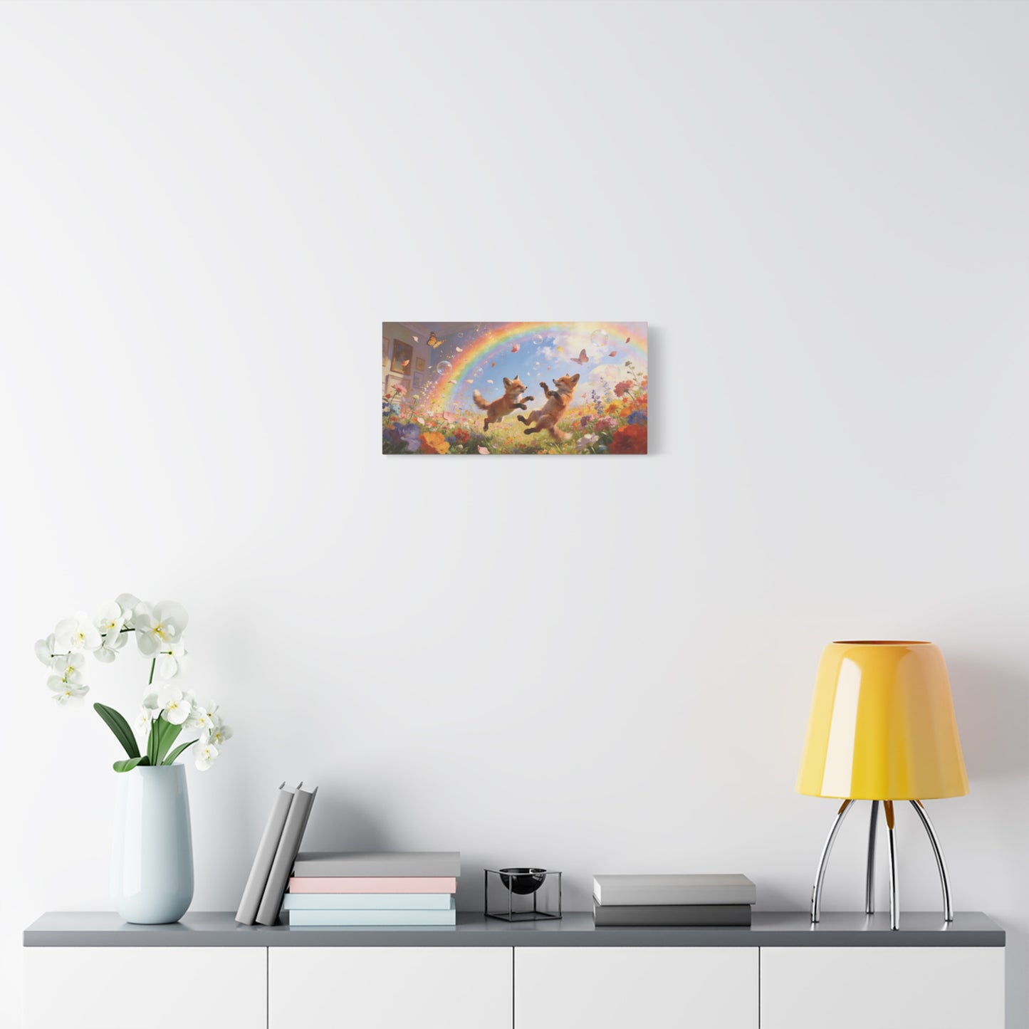 Fox Cub Canvas Wall Art - Whimsical Rainbow Meadow Painting, Butterflies And Wildflowers - Matte Canvas Print - Bohemian Nursery Wall Hanging, Bedroom Home Decoration Accent - Bedroom Home Decoration