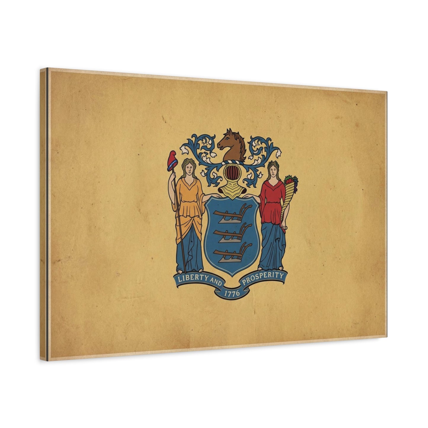 "Liberty And Prosperity 1776" New Jersey State Flag Canvas Wall Art - Vintage Tan Crest Banner Print, Patriotic Heritage Decor - Office Wall Art