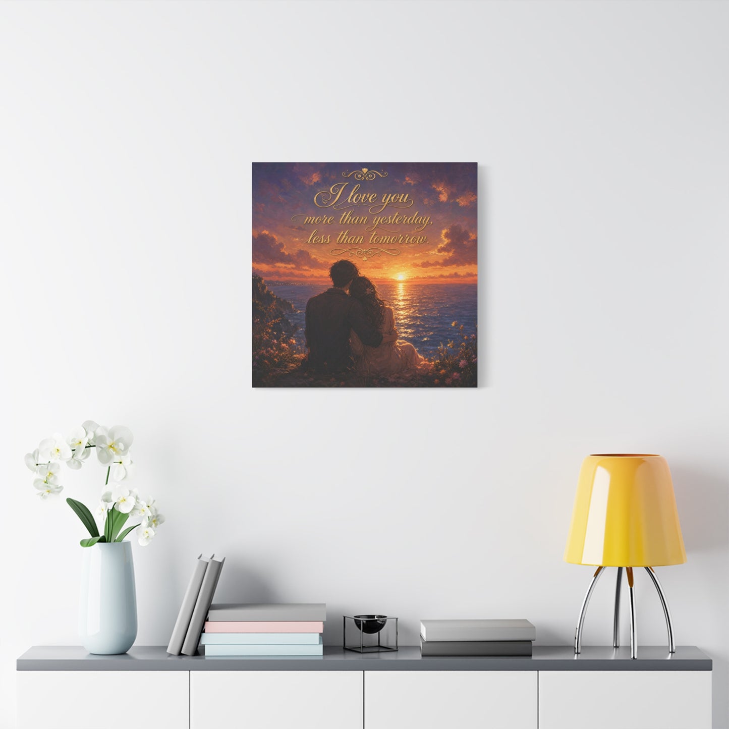 "I Love You More Than Yesterday, Less Than Tomorrow." Love Quote Canvas Wall Art - Romantic Sunset Ocean Couple Silhouette - Gold Script Seascape - Bedroom Wall Decor - Ready to Hang - Ready to Hang