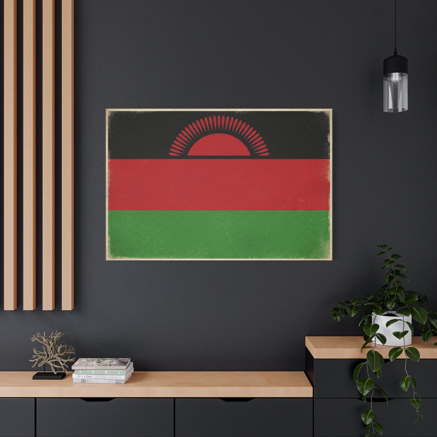 Malawi Flag Canvas Wall Art - Vintage Rising Sun National Flag Print, Pan African Red Black Green Design - Matte Canvas Decor - Living Room Wall Decor, Office Art Accent - Bedroom Home Decoration