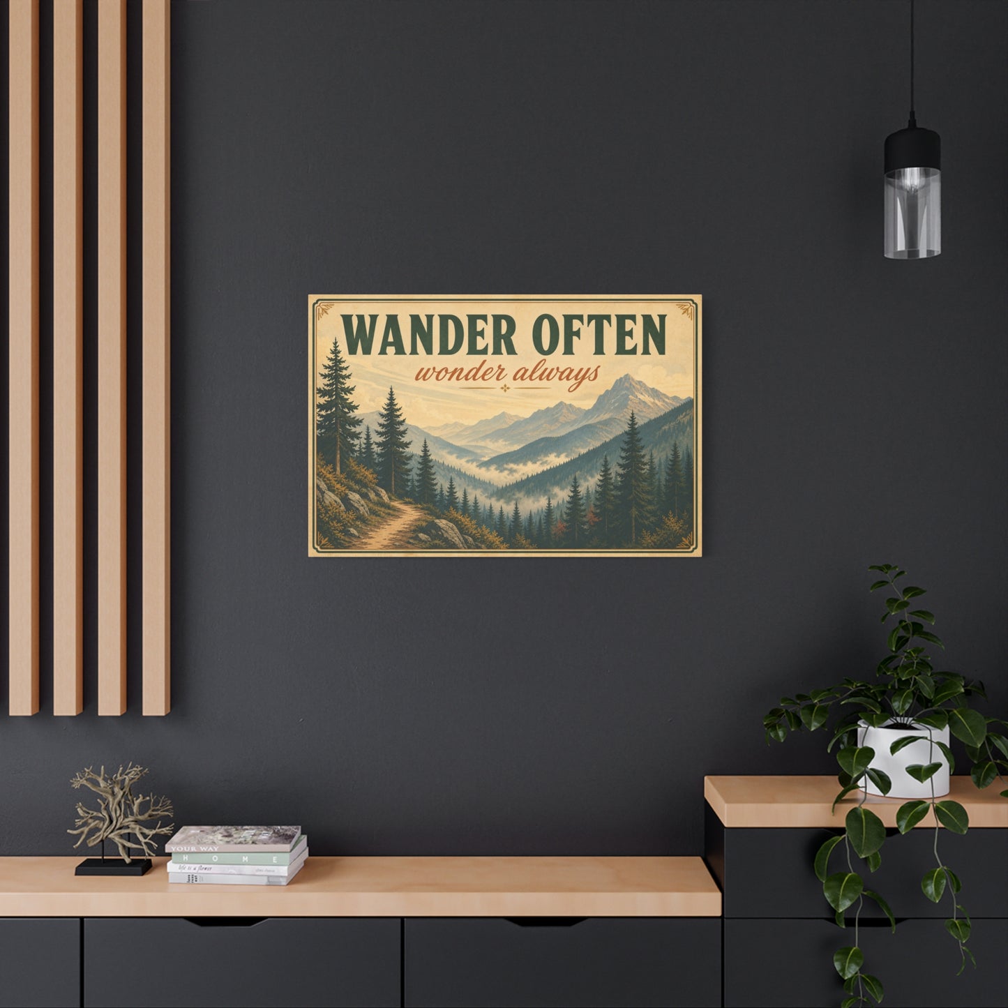"Wander Often Wonder Always" Mountain Canvas Wall Art - Vintage Forest Landscape Quote Decor, Rustic Matte Print, Cabin Style Living Room Wall Decor, Bedroom Home Decoration - Bedroom Home Decoration