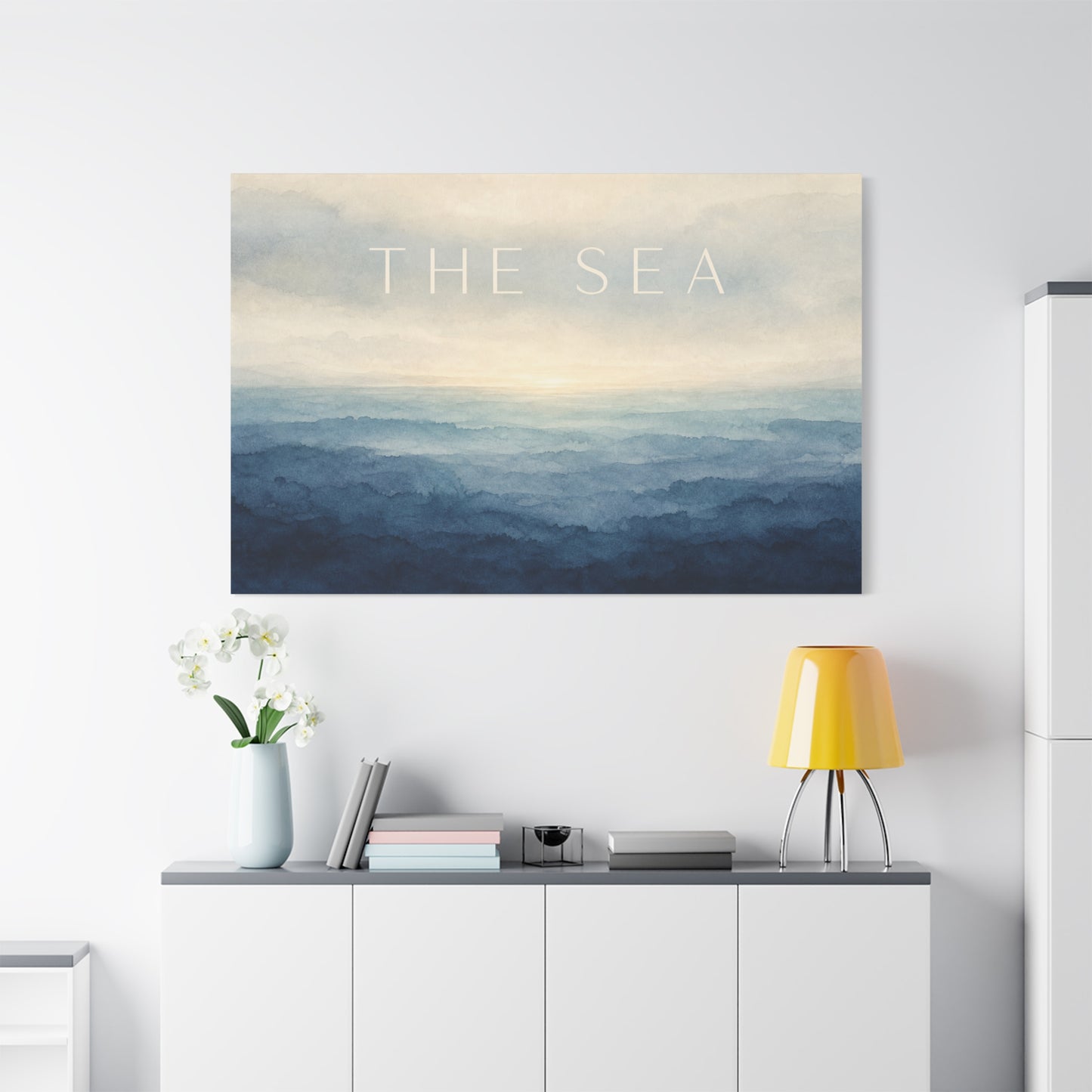 "The Sea" Coastal Canvas Wall Art - Blue Ocean Horizon Watercolor Typography Print - Serene Minimalist Seascape Decor - Bedroom Wall Hanging, Living Room Home Decoration, Meditation Space