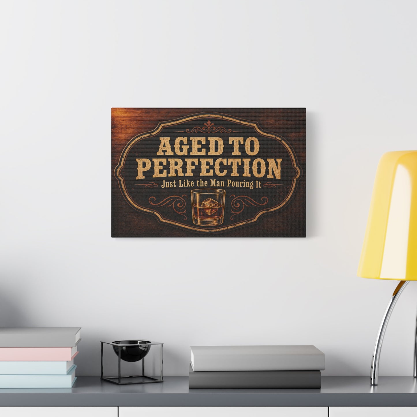 "Aged To Perfection Just Like The Man Pouring It" Whiskey Canvas Wall Art - Vintage Bar Quote Decor, Old Fashioned Glass Illustration - Office Wall Art - Ready to Hang - Cocktail Lounge Decor