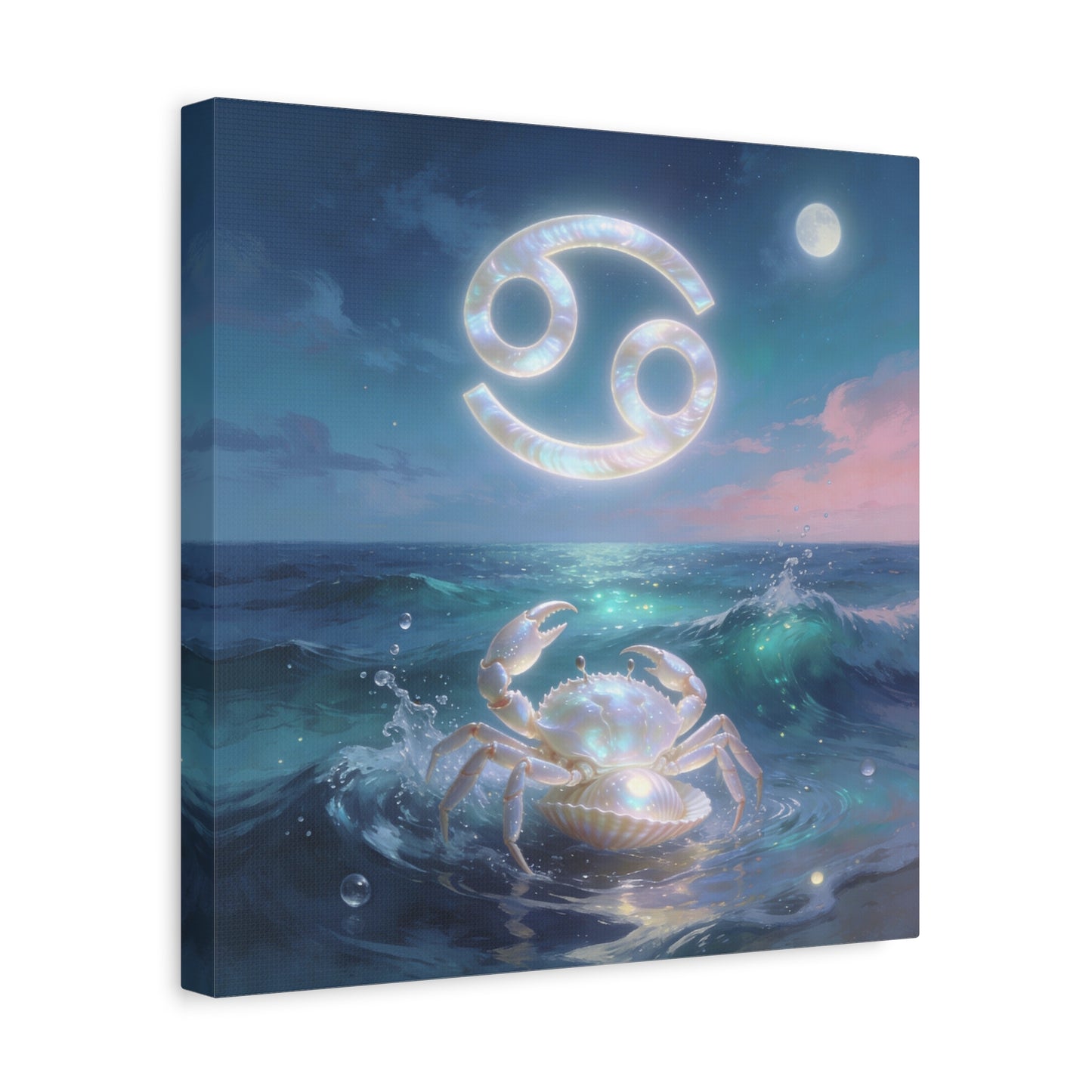 Cancer Zodiac Canvas Wall Art - Moonlit Ocean Crab, Iridescent Shell Symbol - Coastal Celestial Print, Dreamy Blue Seascape - Bedroom Home Decoration, Living Room Wall Decor - Bedroom Home Decoration