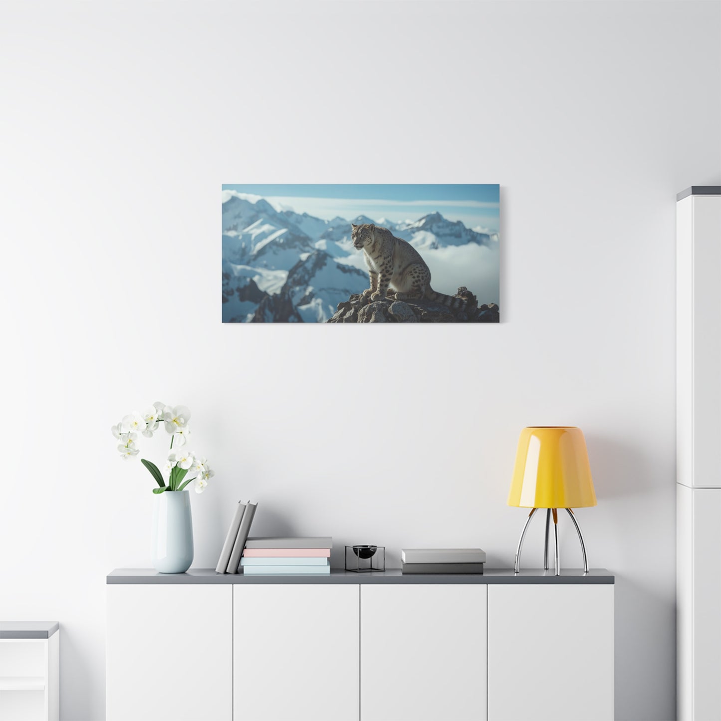 Snow Leopard Canvas Wall Art - Alpine Mountain Wildlife Print, Blue Snowy Peaks, Matte Cotton Canvas, Contemporary Nature Style - Living Room Wall Decor, Office Art Accent - Bedroom Home Decoration