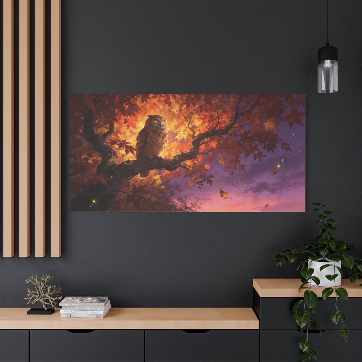 Owl Canvas Wall Art - Autumn Tree Branch Wildlife Illustration, Glowing Twilight Sky - Matte Canvas Print, Rustic Nature Style - Living Room Wall Decor, Bedroom Home Decoration - Cozy Reading Nook Art