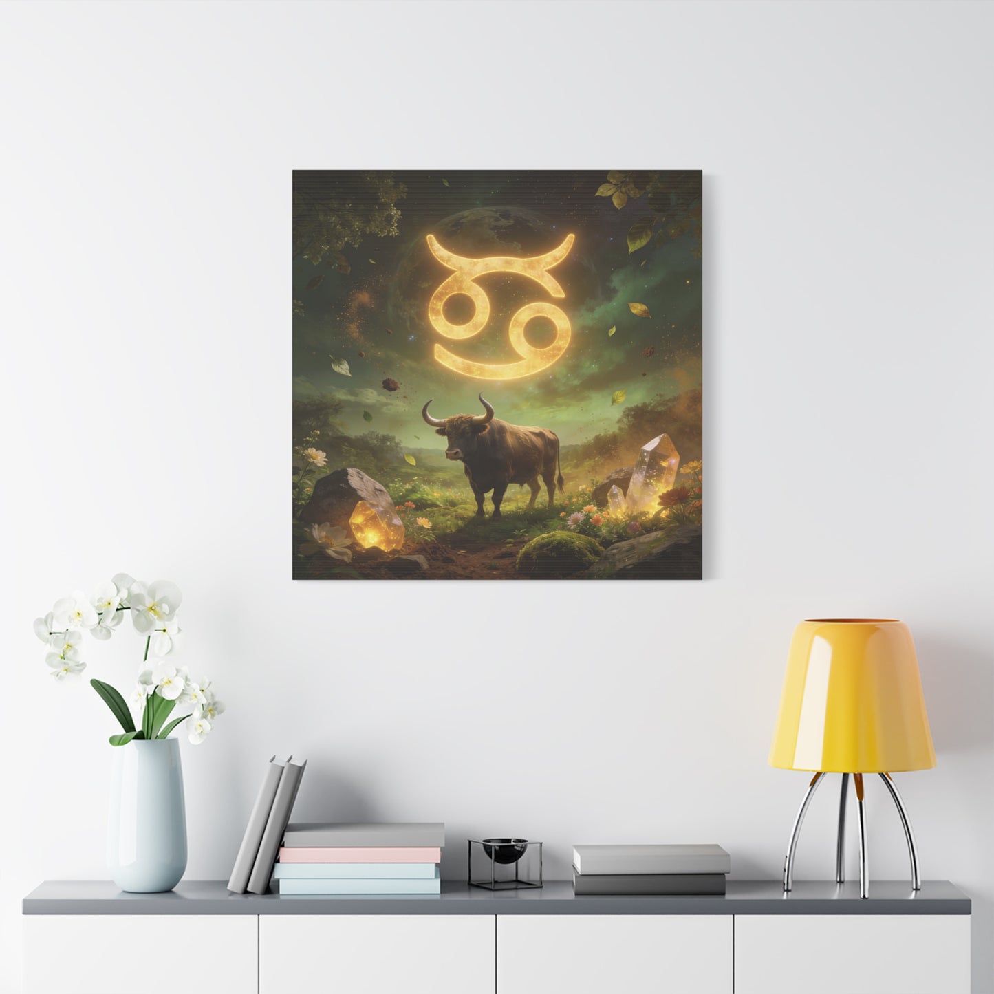 Cancer Zodiac Canvas Wall Art - Glowing Astrology Symbol, Bull And Crystal Fantasy Scene - Celestial Green Gold Illustration - Bedroom Home Decoration, Meditation Space Accent - Living Room Wall Decor