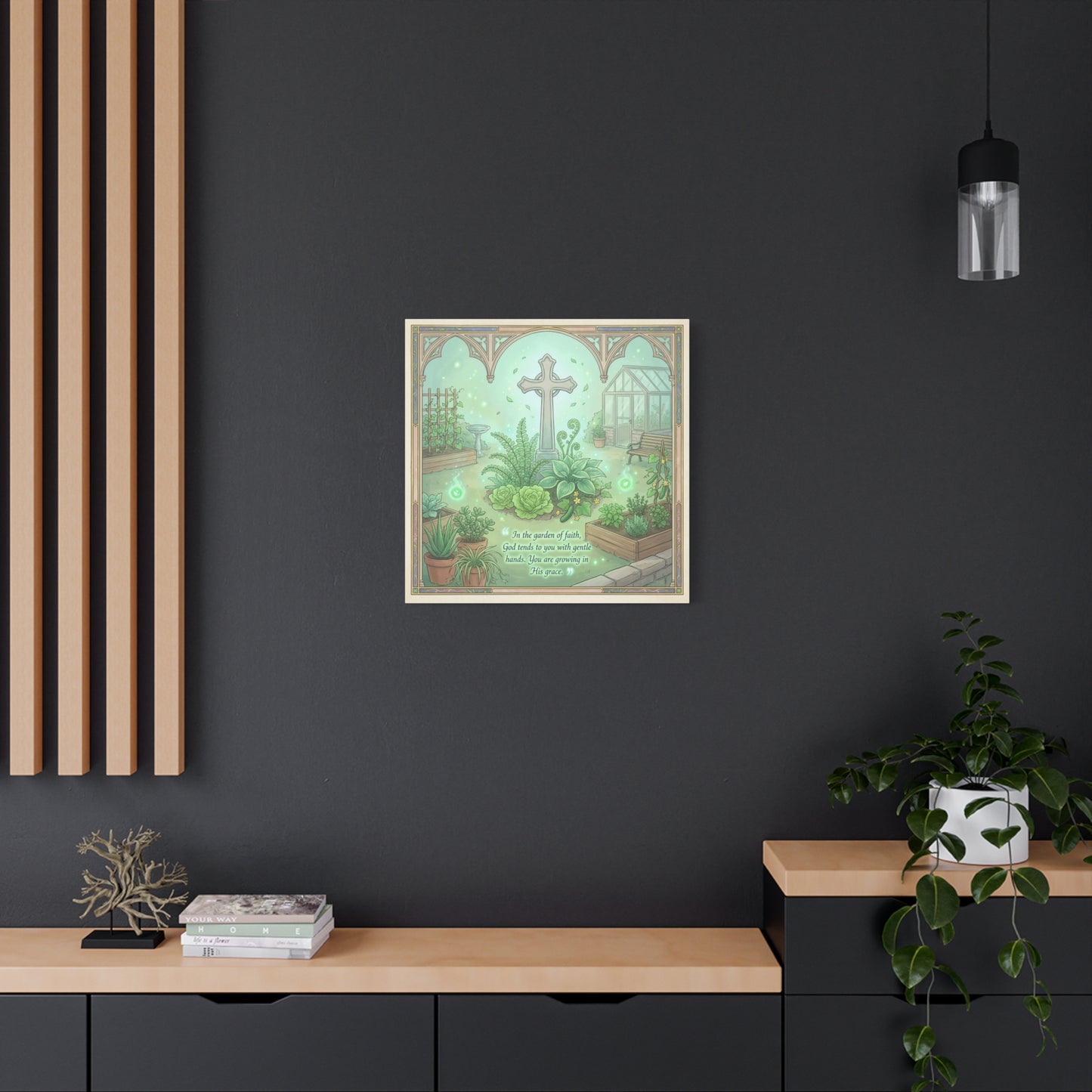 "In The Garden Of Faith" Christian Canvas Wall Art - Cross Garden Quote Print - Botanical Scripture Decor, Matte Cotton Canvas - Traditional Religious Wall Decor For Bedroom Office - Ready to Hang