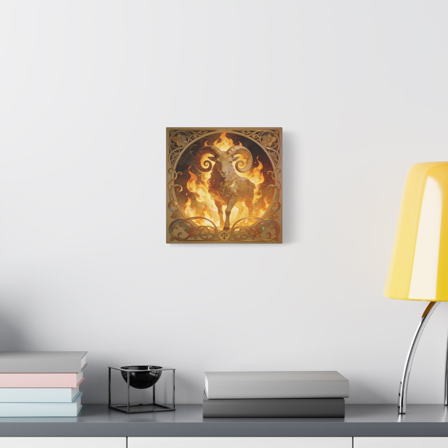 Aries Ram Canvas Wall Art - Fiery Zodiac Illustration, Ornate Gold Nouveau Design - Matte Cotton Art Print - Bohemian Astrology Decor, Bedroom Home Decoration, Office Wall Art - Modern Farmhouse Style