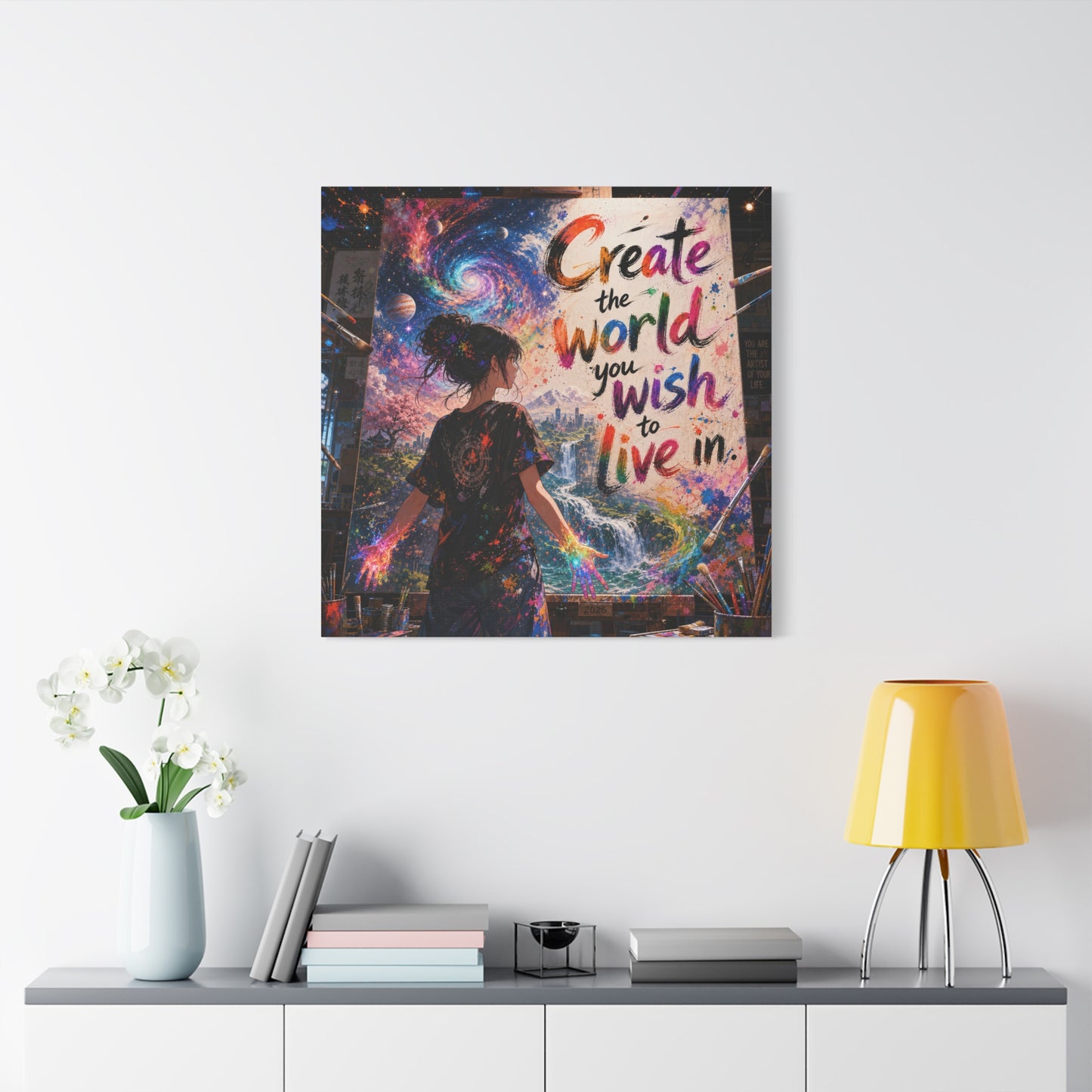 "Create The World You Wish To Live In" Inspirational Canvas Wall Art - Colorful Cosmic Artist Girl Quote Print - Modern Typography Decor - Bedroom Home Decoration, Creative Office Accent