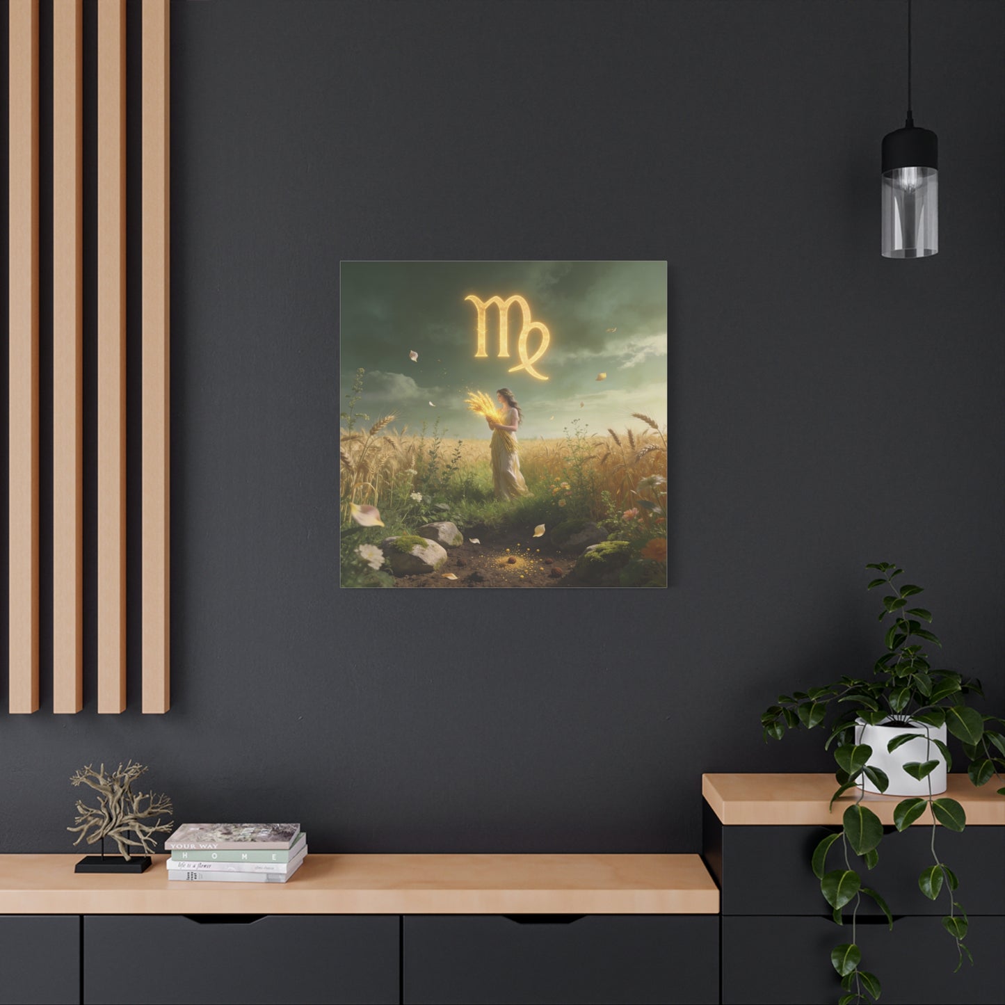 Virgo Zodiac Canvas Wall Art - Glowing Virgo Symbol, Woman In Wheat Field - Mystical Celestial Illustration, Matte Canvas Print - Bedroom Wall Decor, Meditation Space Accent - Bedroom Home Decoration