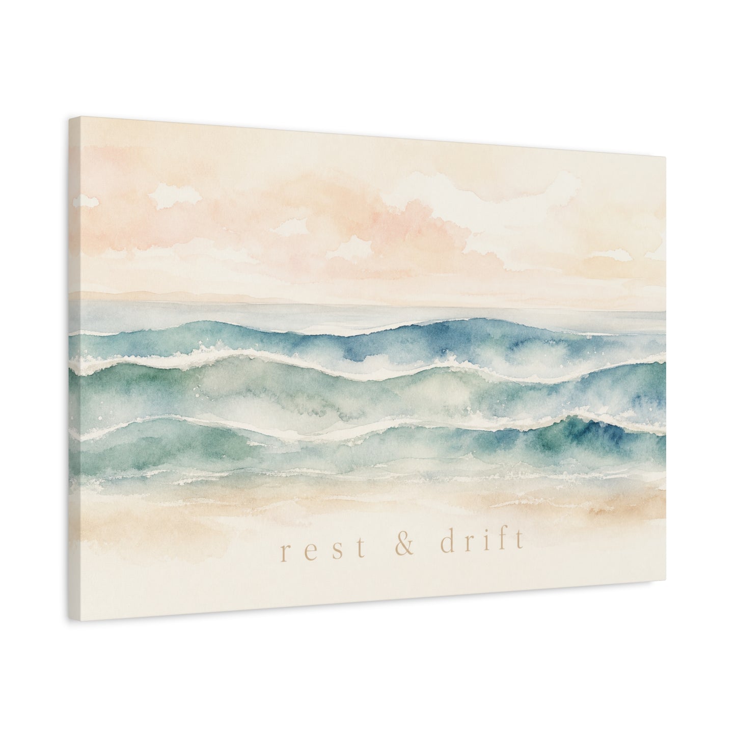 "Rest & Drift" Coastal Ocean Waves Canvas Wall Art - Watercolor Seascape Beach Decor - Serene Pastel Blue And Peach - Bedroom Home Decoration, Living Room Accent, Jellyfish Room Decor - Ready to Hang