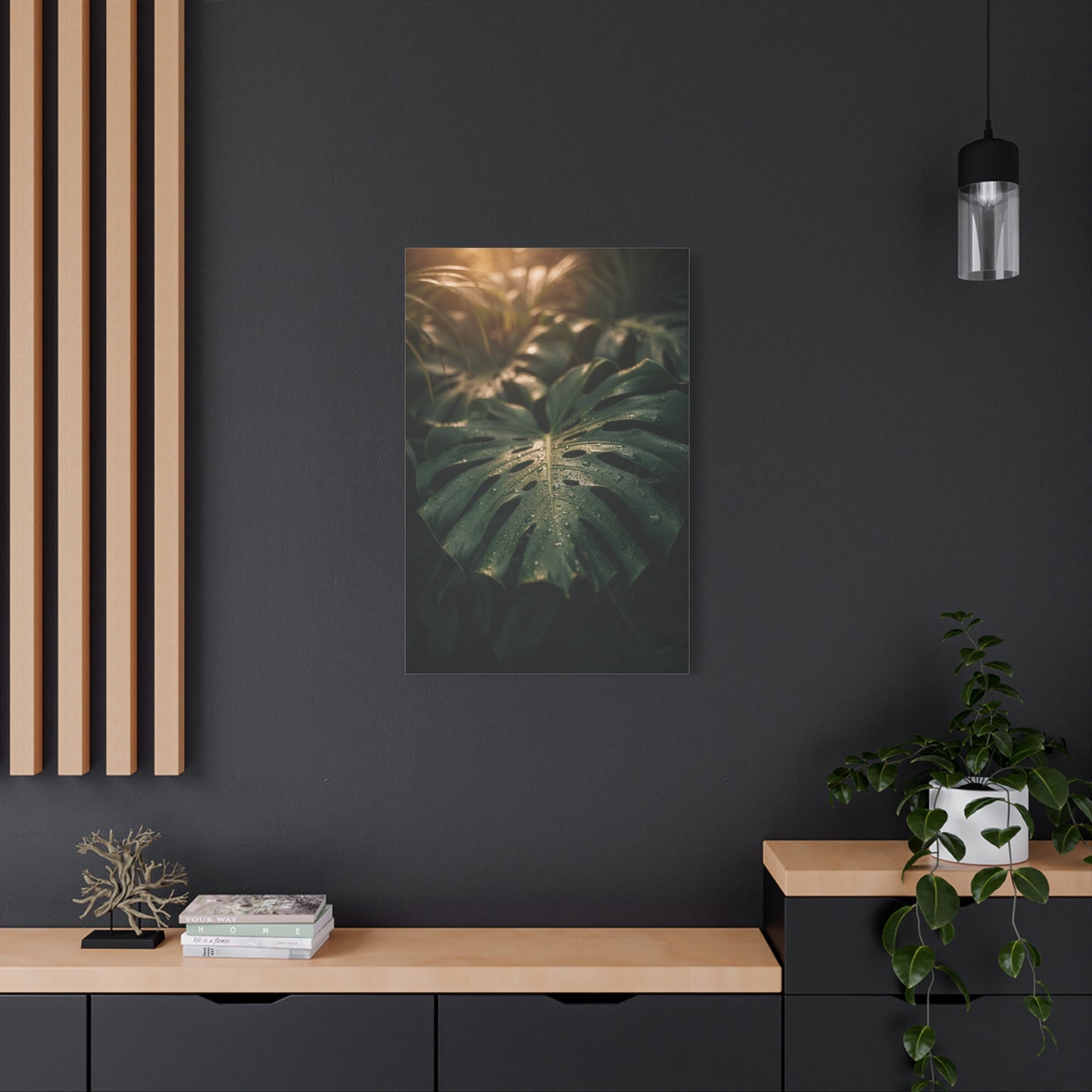Monstera Leaf Canvas Wall Art - Tropical Botanical Art Print, Moody Green Foliage - Matte Cotton Canvas Print - Bedroom Wall Decor, Bathroom Home Decoration, Spa Style Accent - Cozy Reading Nook Art