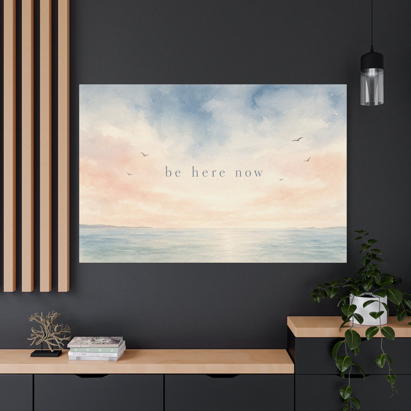 "Be Here Now" Coastal Canvas Wall Art - Pastel Ocean Seascape With Birds - Minimalist Inspirational Wall Decor - Serene Bedroom Home Decoration - Meditation Space Office Art - Bedroom Home Decoration