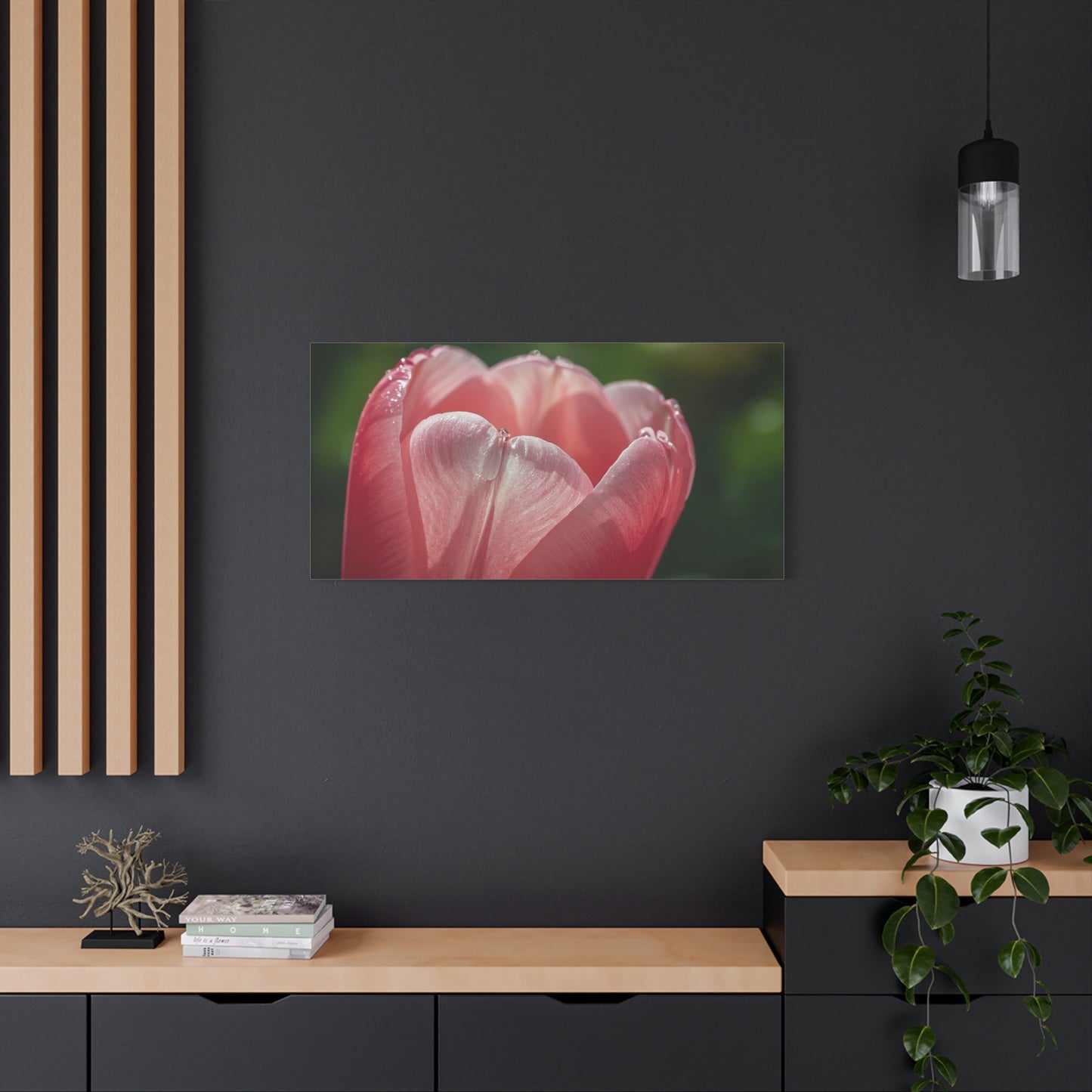 Pink Tulip Canvas Wall Art - Macro Floral Art Print, Dew Drop Petals - Matte Botanical Print - Contemporary Nature Style - Bedroom Wall Decor, Bathroom Home Accent - Bedroom Home Decoration
