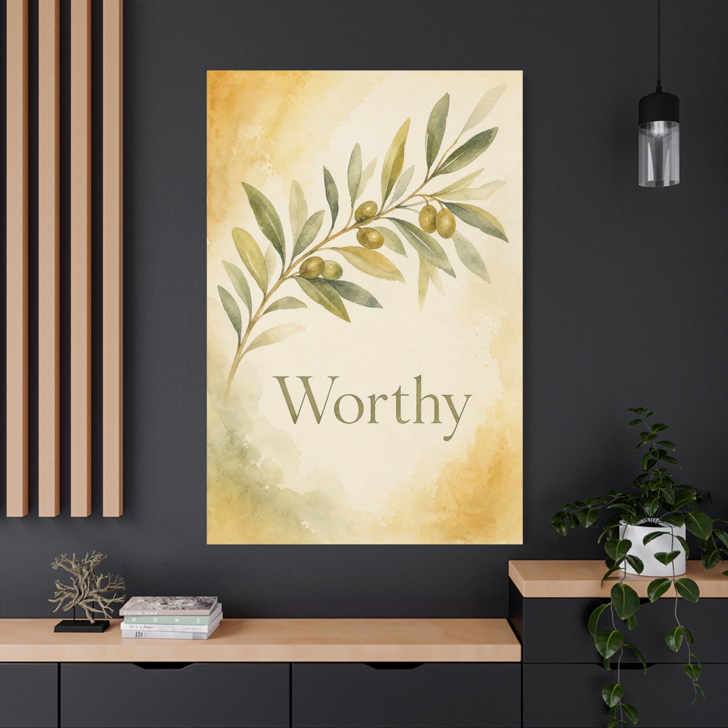 "Worthy" Olive Branch Canvas Wall Art - Botanical Inspirational Wall Decor - Watercolor Sage Gold Canvas Print - Bedroom Living Room Decoration - Ready to Hang - Bedroom Home Decoration