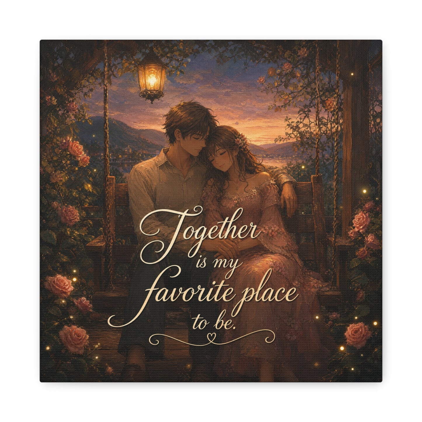 "Together Is My Favorite Place To Be" Romantic Couple Canvas Wall Art - Lantern Swing Sunset Lake Scene, Floral Garden Love Quote Print - Vintage Bedroom Decor - Office Wall Art - Ready to Hang