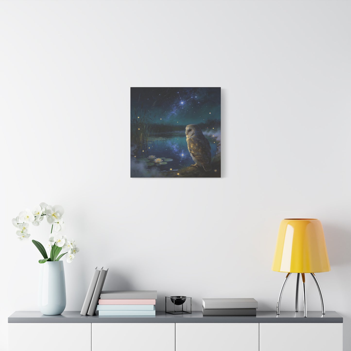 Barn Owl Canvas Wall Art - Moonlit Pond, Fireflies, Water Lilies, Starry Night Sky - Dreamy Wildlife Painting - Matte Finish Canvas Print - Bedroom Wall Decor, Nursery Accent - Bedroom Home Decoration