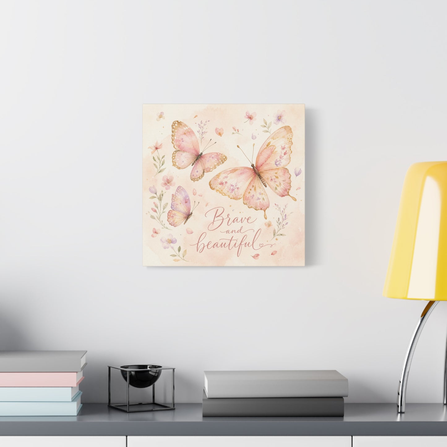 "Brave And Beautiful" Butterfly Canvas Wall Art - Pink Floral Watercolor Quote Print - Inspirational Girls Bedroom Decor - Nursery Wall Hanging - Bedroom Home Decoration - Modern Farmhouse Style