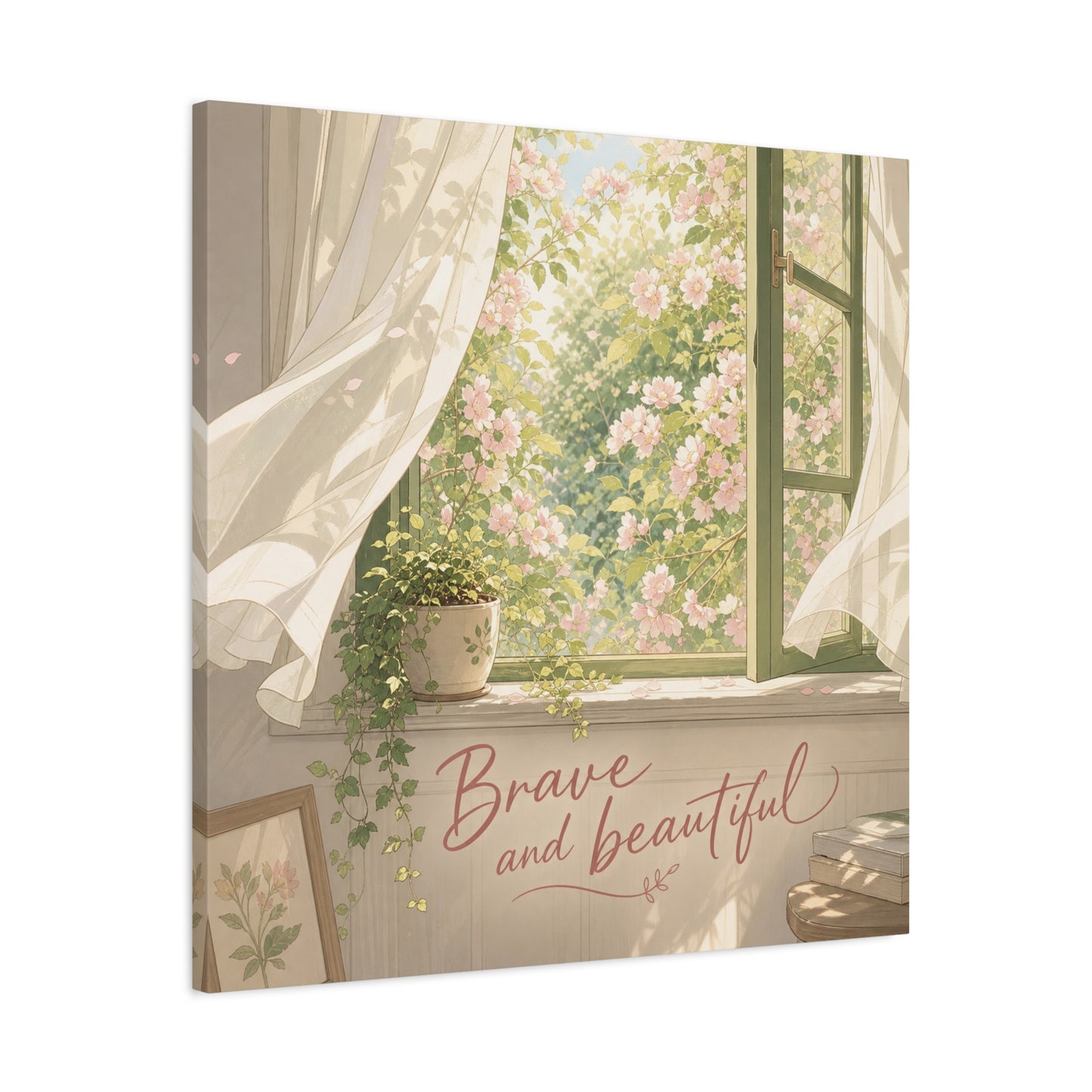 "Brave And Beautiful" Inspirational Canvas Wall Art - Open Window Pink Blossoms, Sheer Curtains, Botanical Quote Print - Soft Vintage Style - Bedroom Wall Decor, Living Room Accent - Ready to Hang