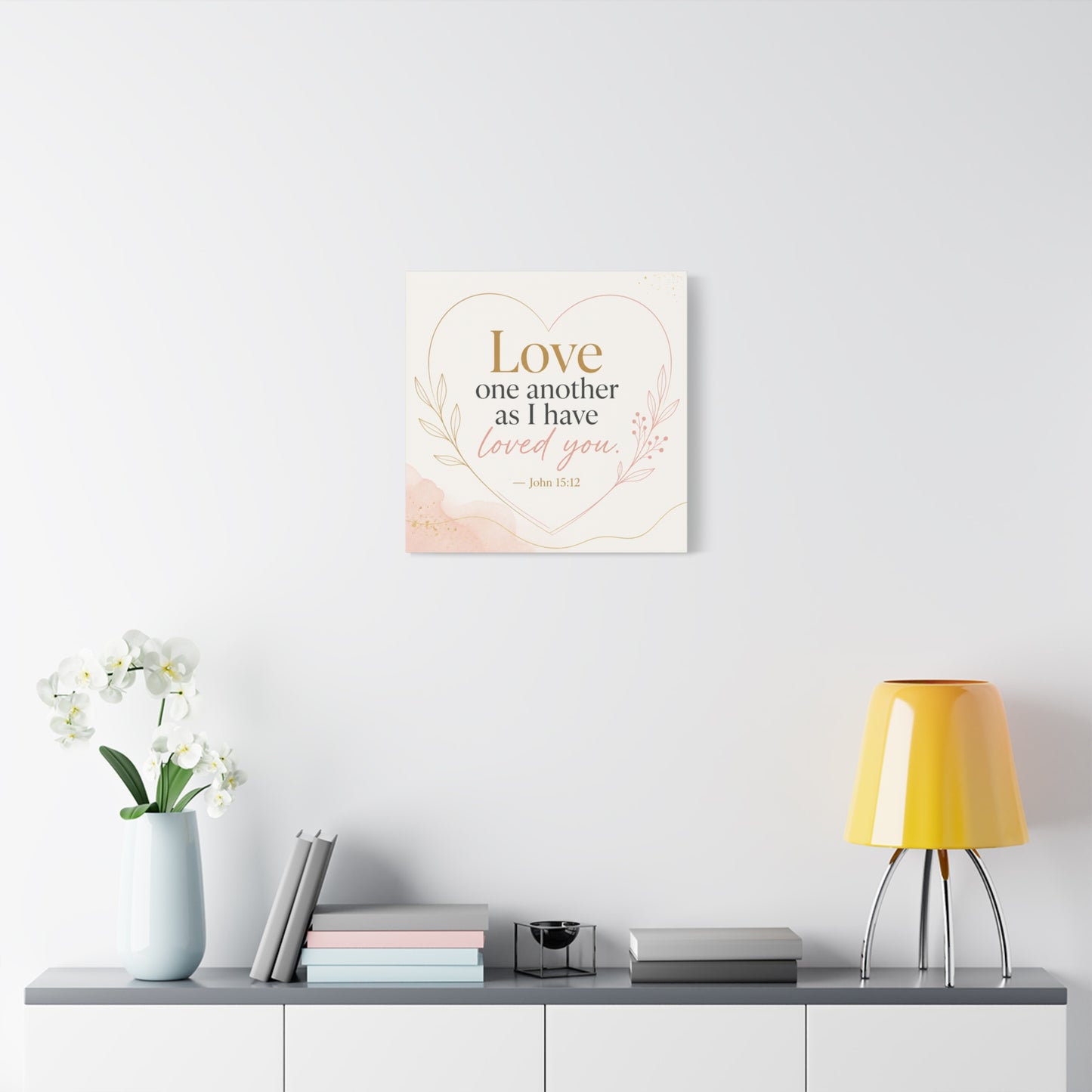 "Love One Another As I Have Loved You. John 15:12" Canvas Wall Art - Christian Scripture Quote, Heart Line Floral Design - Blush Gold Typography - Bedroom Living Room Decor - Living Room Wall Decor
