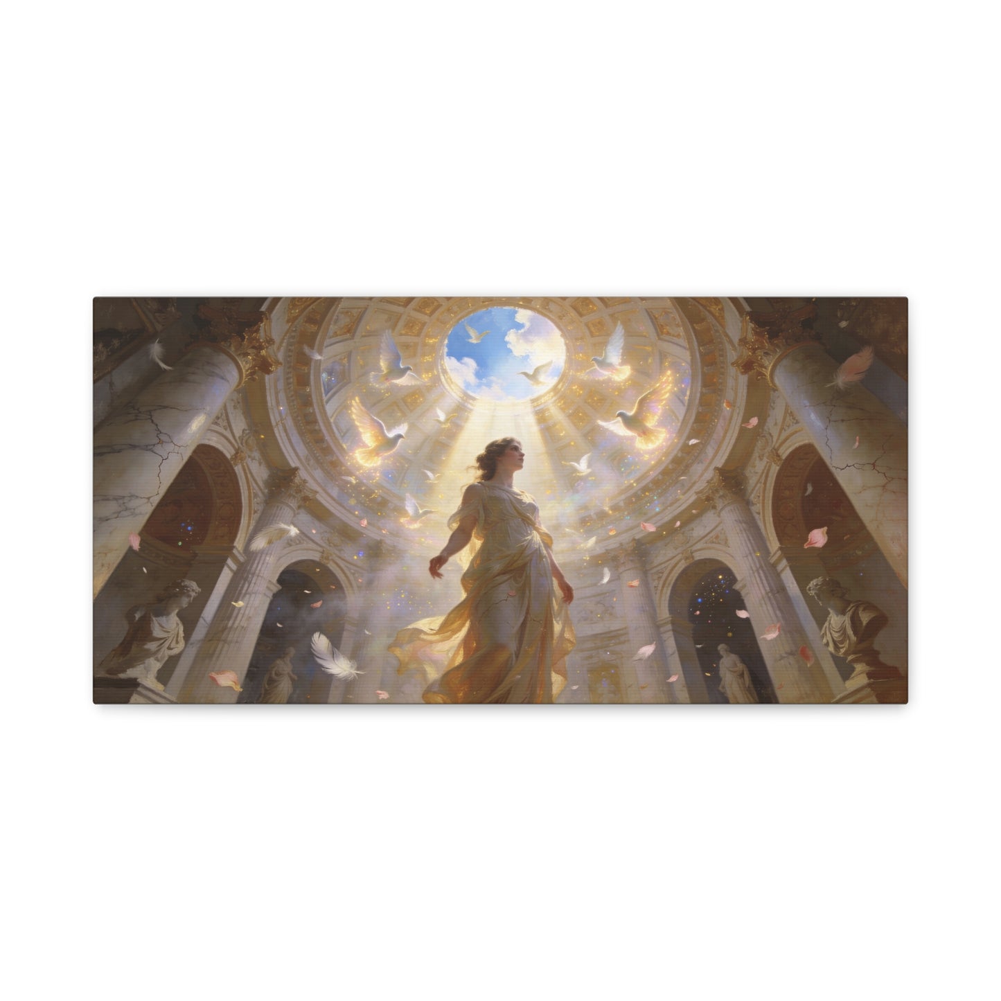 Virgin Mary Canvas Wall Art - Heavenly Doves, Cathedral Dome Light - Matte Cotton Art Print - Traditional Religious Style - Bedroom Wall Decor, Meditation Space Accent - Bedroom Home Decoration