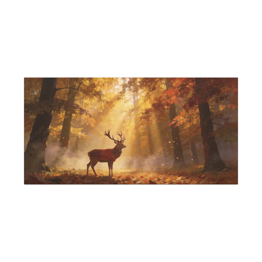 Stag Forest Canvas Wall Art - Golden Sunbeams, Misty Autumn Woodland - Matte Canvas Print - Rustic Nature Style - Living Room Wall Decor, Bedroom Home Decoration, Office Art - Bedroom Home Decoration