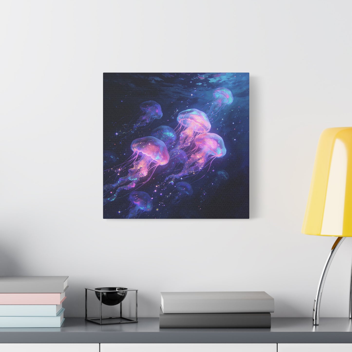 Glowing Jellyfish Canvas Wall Art - Ocean Fantasy Sea Life Decor, Luminous Pink Blue Artwork - Matte Canvas Print, Contemporary Style - Bedroom Wall Decor, Meditation Space Accent - Ready to Hang