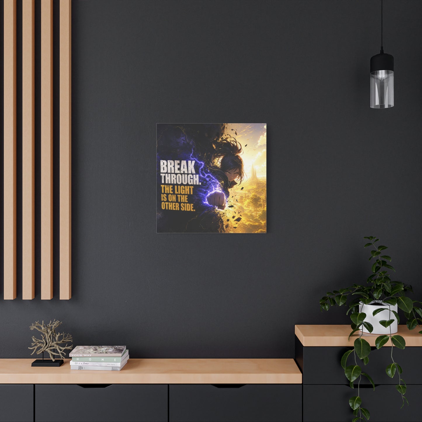 "Break Through. The Light Is On The Other Side." Anime Canvas Wall Art - Motivational Fantasy Girl Poster Print, Dramatic Gold Lightning, Contemporary Bedroom Decor, Teen Room Accent - Office Wall Art