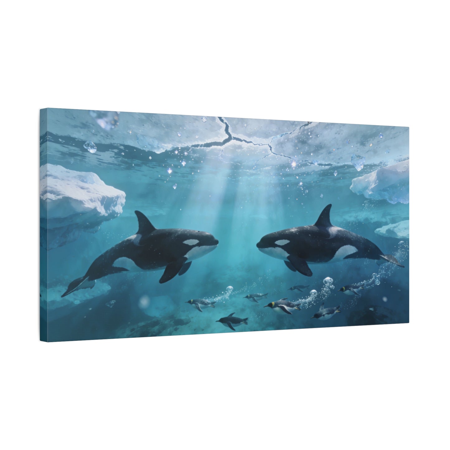 Orca Whale Canvas Wall Art - Arctic Ocean Underwater Scene, Penguins, Sea Ice - Coastal Wildlife Decor - Matte Canvas Print - Living Room Wall Decor, Bedroom Home Decoration - Bedroom Home Decoration