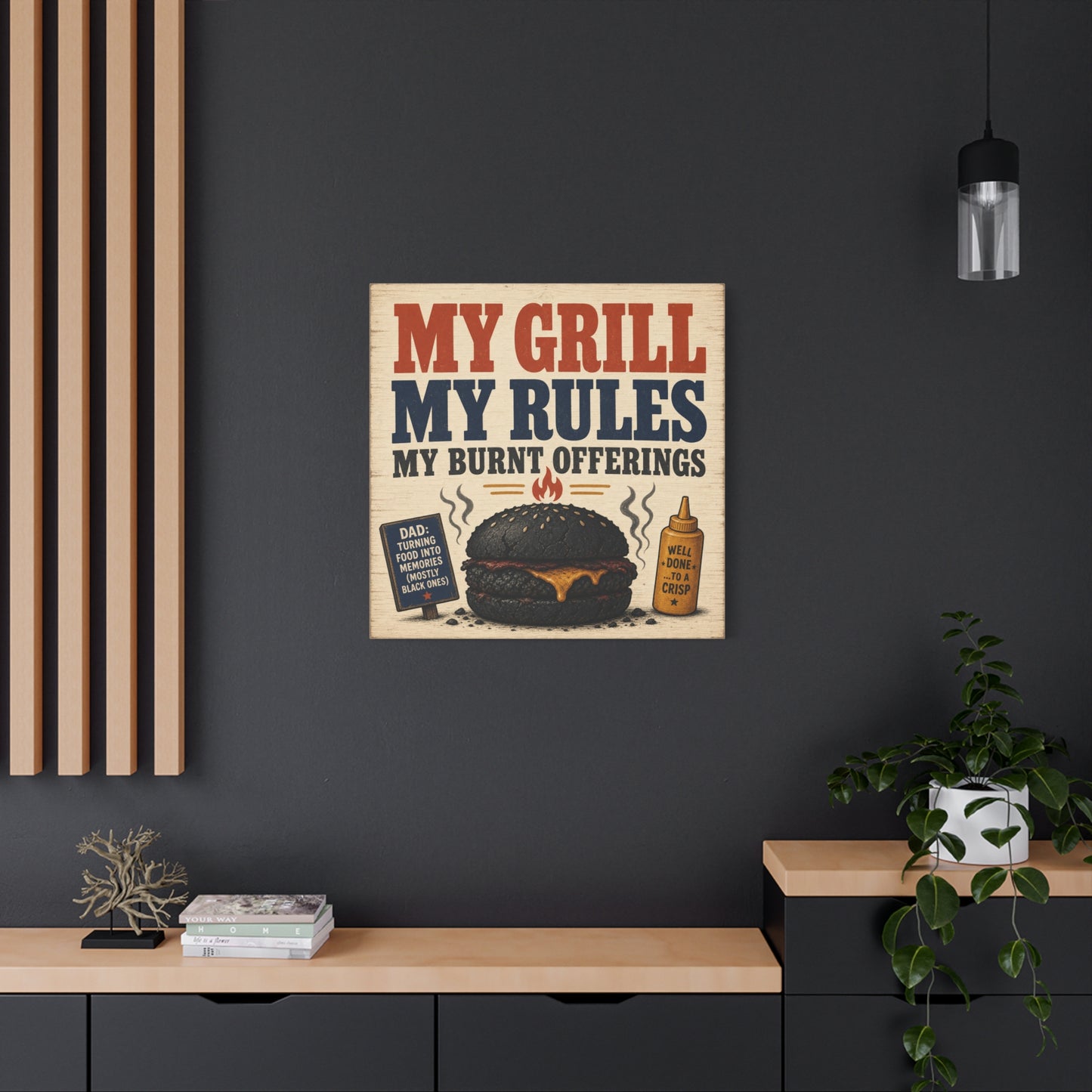 "My Grill My Rules My Burnt Offerings" Funny BBQ Canvas Wall Art - Burnt Burger Grill Sign, Rustic Farmhouse Kitchen Decor, Patriotic Red Blue Typography Print - Man Cave Wall Decor - Ready to Hang