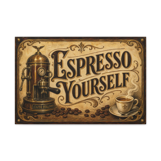 "Espresso Yourself" Coffee Canvas Wall Art - Vintage Espresso Machine, Cafe Decor - Matte Cotton Print, Rustic Farmhouse Style - Ready to Hang - Coffee Shop Decor - Cafe Wall Art - Matte Finish Print
