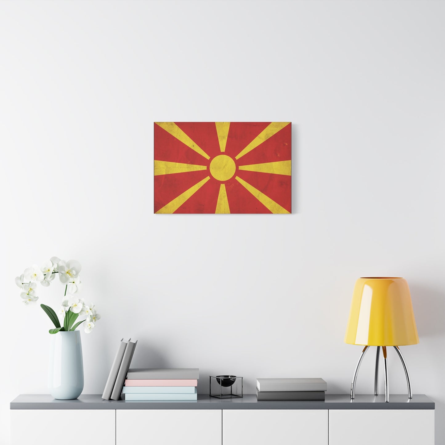 North Macedonia Flag Canvas Wall Art - Vintage Sunburst National Banner Print - Red And Yellow Patriotic Decor - Retro Country Pride Style - Living Room Wall Decor - Bedroom Home Decoration