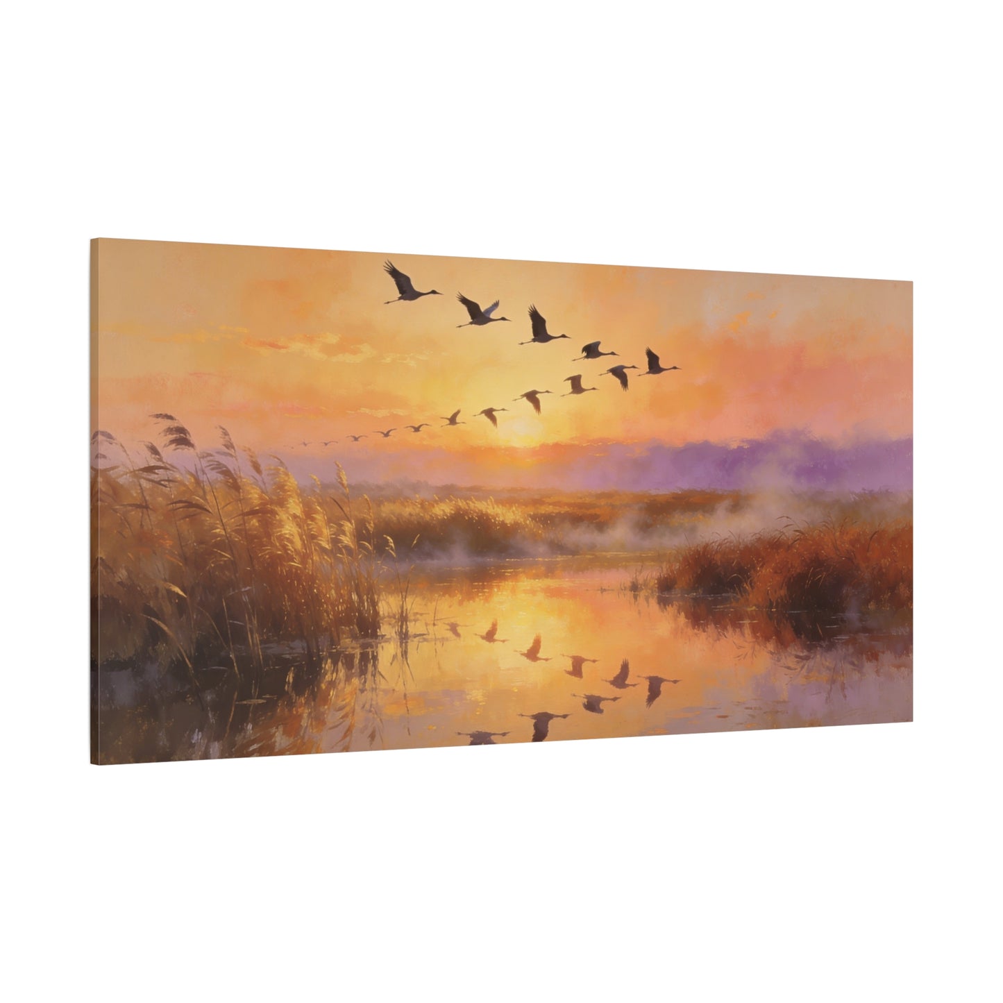 Flying Cranes Sunset Canvas Wall Art - Marsh Landscape Bird Painting, Golden Reeds Reflection, Matte Canvas Print - Traditional Style - Living Room Wall Decor Bedroom Decoration - Ready to Hang