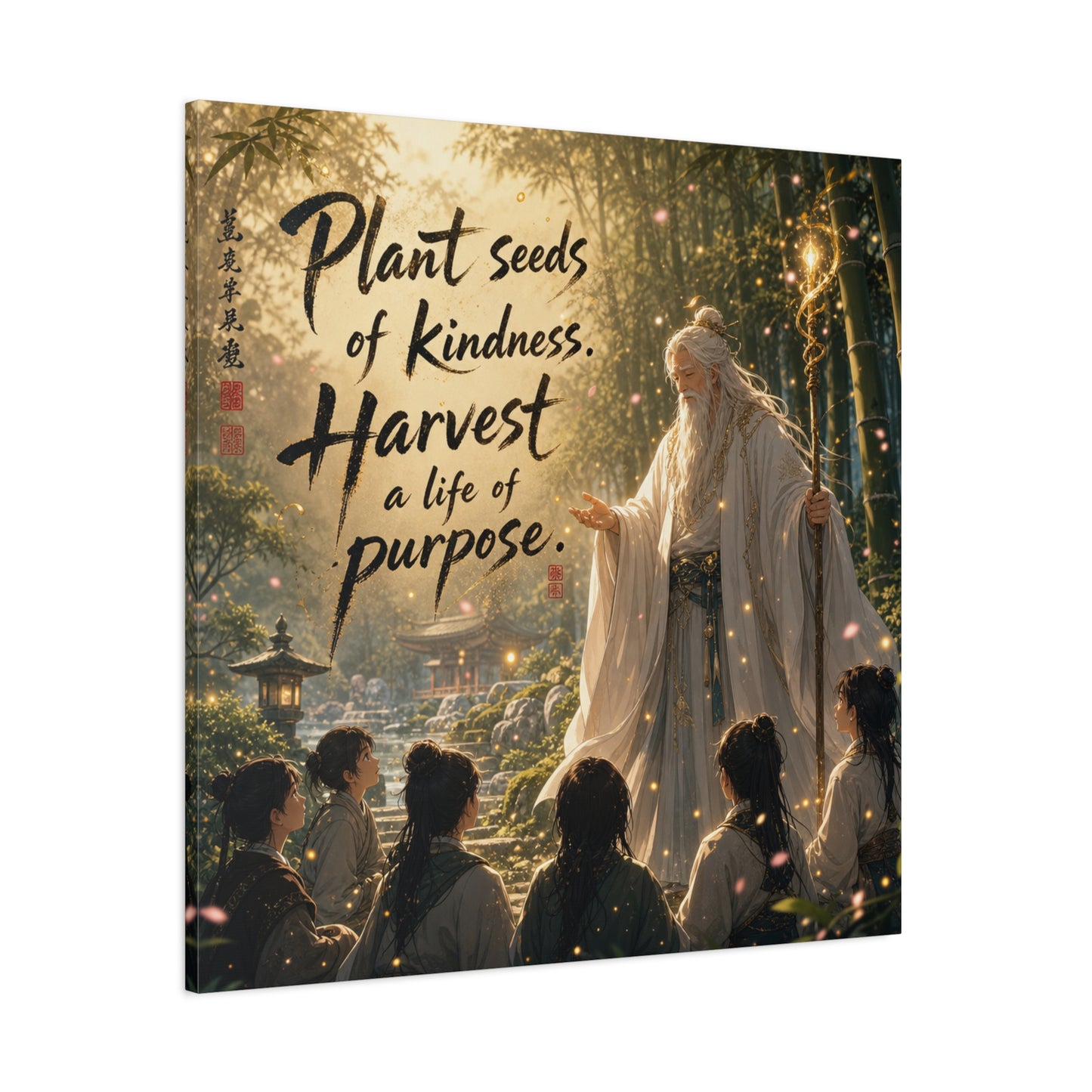 "Plant Seeds Of Kindness. Harvest A Life Of Purpose." Zen Canvas Wall Art - Wise Elder In Bamboo Garden, Inspirational Typography Print - Traditional Style, Bedroom Meditation Decor - Office Wall Art