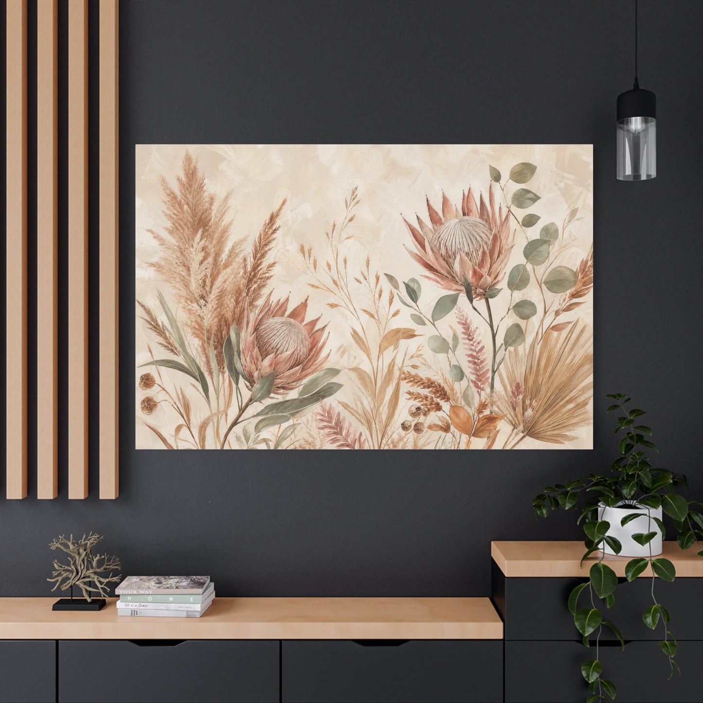 Protea Botanical Canvas Wall Art - Pampas Grass, Eucalyptus Floral Print - Neutral Boho Farmhouse Decor - Beige Sage Nature Painting - Ready to Hang