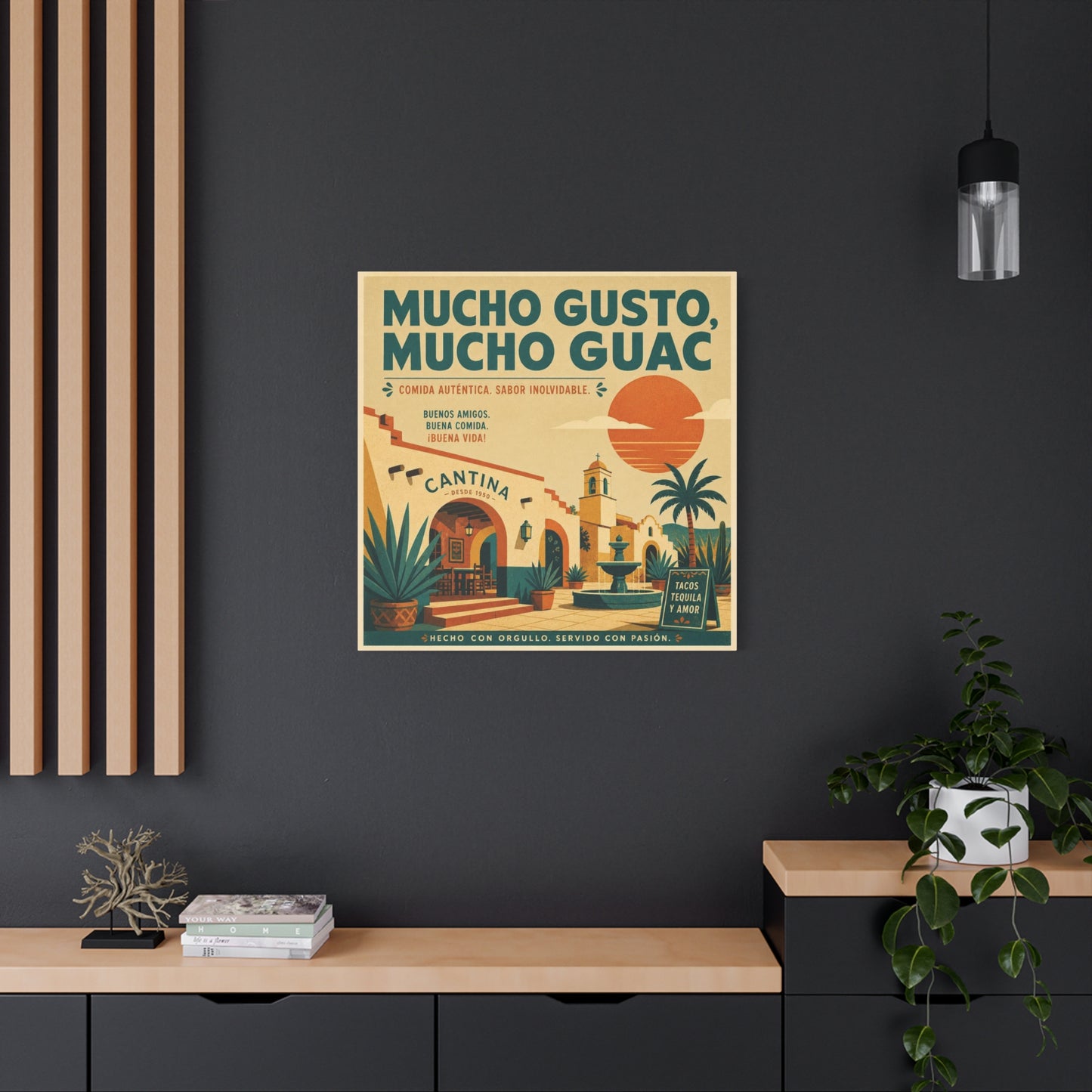 "Mucho Gusto, Mucho Guac" Cantina Canvas Wall Art - Mexican Restaurant Typography Print, Vintage Desert Courtyard Illustration, Cafe Wall Decor, Tequila Bar Sign, Workspace Accent - Ready to Hang