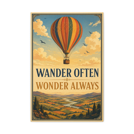 "Wander Often Wonder Always" Hot Air Balloon Canvas Wall Art - Vintage Travel Landscape Quote Print, Retro Sky Poster Style, Living Room Wall Decor - Ready to Hang - Bedroom Home Decoration