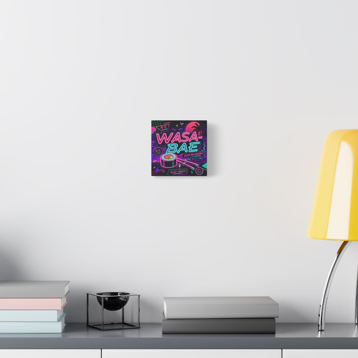 "WASA-BAE" Sushi Canvas Print - Neon Japanese Restaurant Sign, Retro Vaporwave Illustration - Matte Cotton Decor, Cafe Wall Accent, Dining Space Artwork, Lounge Interior Style - Office Wall Art