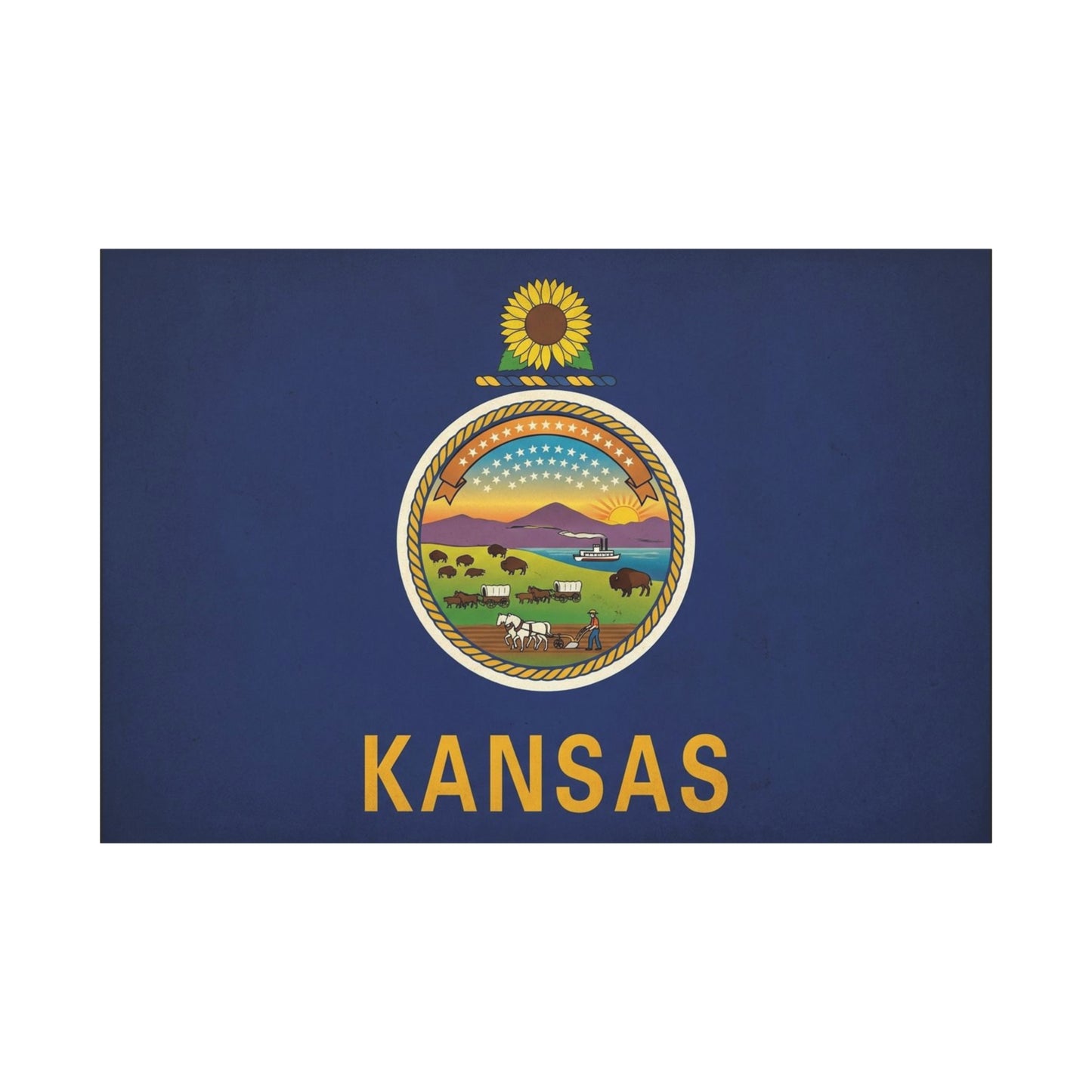 Kansas State Flag Canvas Wall Art - Sunflower Seal Prairie Buffalo Wagon Sunset Print - Vintage Blue Typography Decor - Living Room Wall Decor, Office Art, Dorm Accent - Bedroom Home Decoration