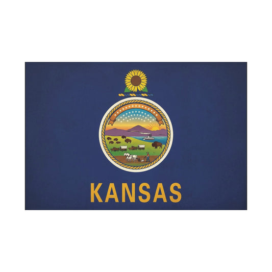 Kansas State Flag Canvas Wall Art - Sunflower Seal Prairie Buffalo Wagon Sunset Print - Vintage Blue Typography Decor - Living Room Wall Decor, Office Art, Dorm Accent - Bedroom Home Decoration