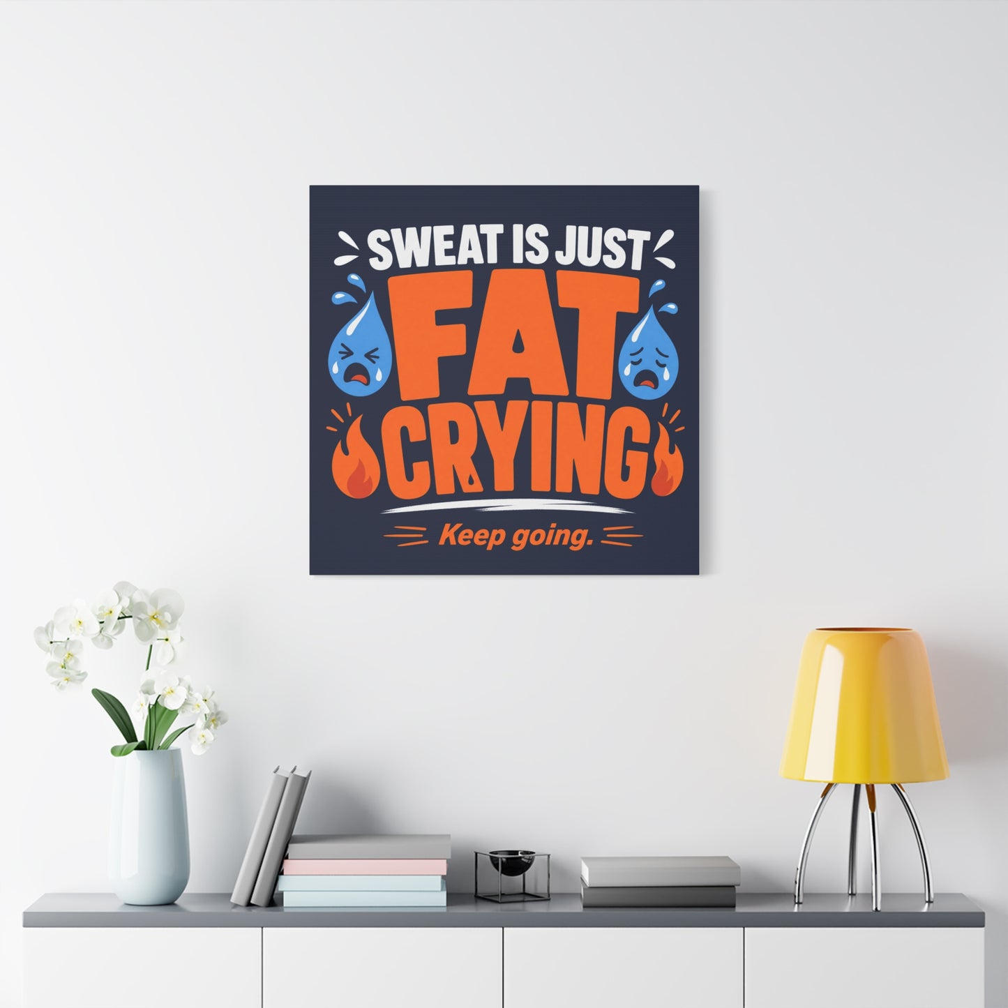 "Sweat Is Just Fat Crying Keep Going" Typography Canvas Wall Art - Funny Gym Motivation Quote Print, Navy Orange Blue Workout Decor - Modern Home Office Wall Decor - Ready to Hang - Ready to Hang