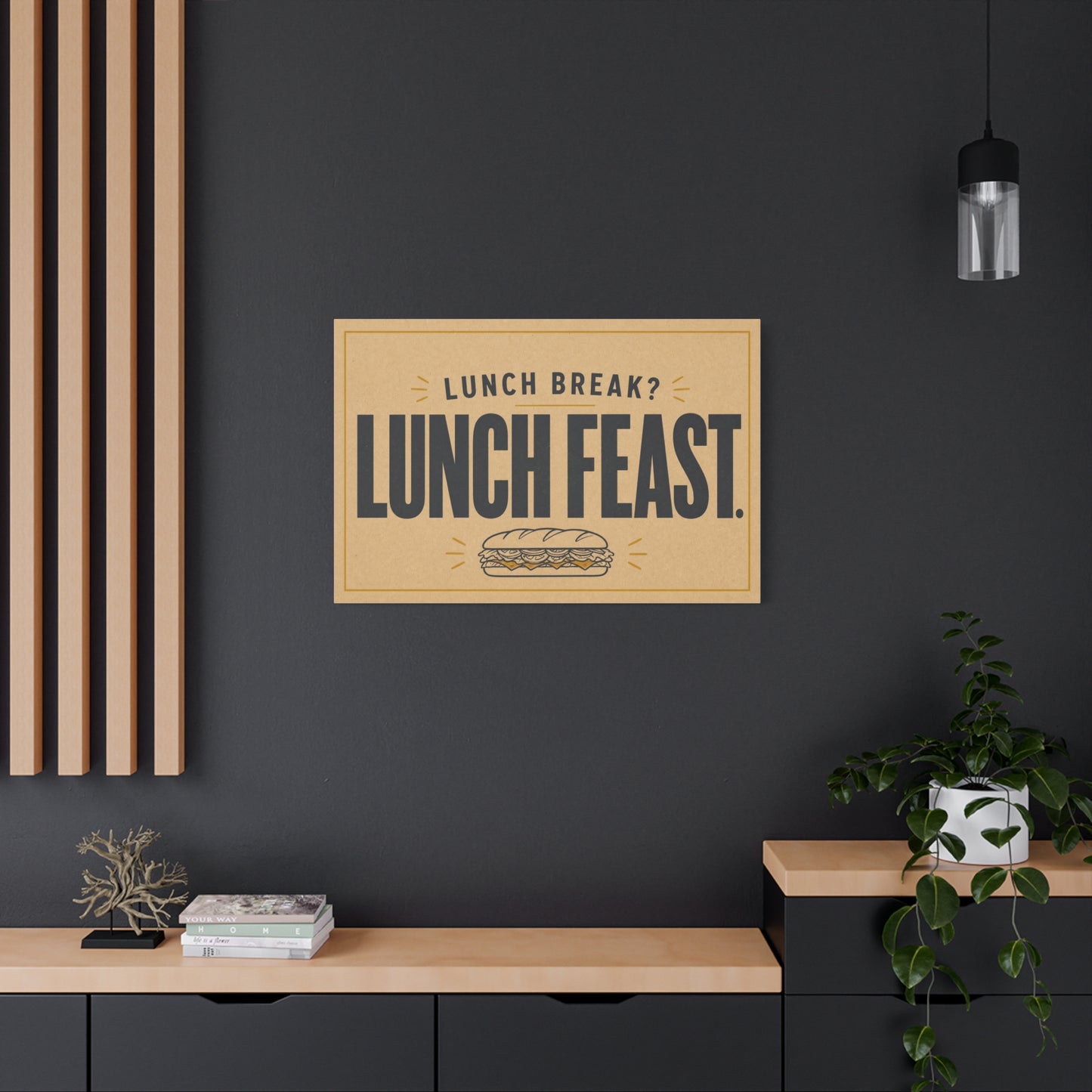 "Lunch Break Lunch Feast." Typography Canvas Wall Art - Vintage Humor Decor - Retro Deli Sandwich Illustration - Farmhouse Accent - Office Breakroom Wall Hanging - Ready to Hang - Sandwich Shop Sign