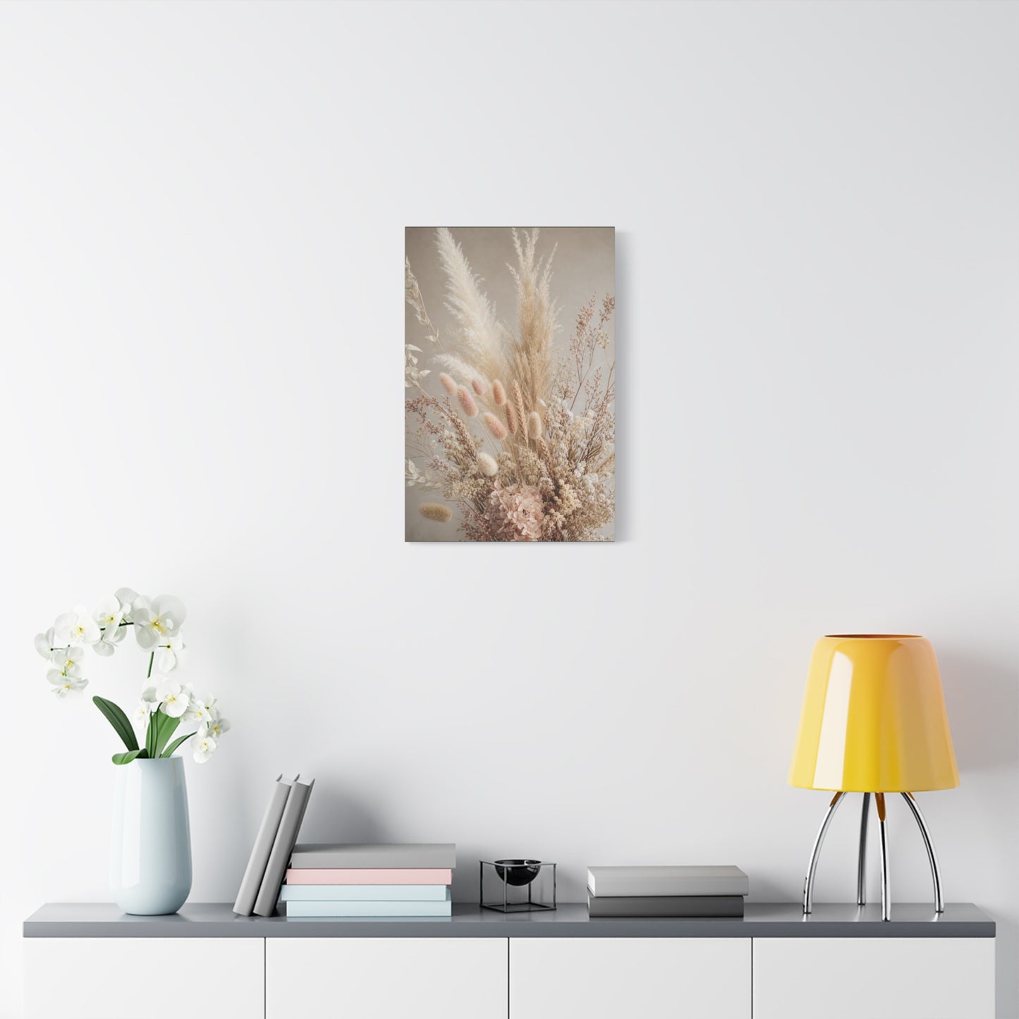 Dried Pampas Grass Floral Canvas Wall Art - Neutral Botanical Bouquet, Blush Bunny Tail Stems, Cotton Canvas Print - Bohemian Farmhouse Style - Bedroom Wall Decor, Spa Accent - Bedroom Home Decoration