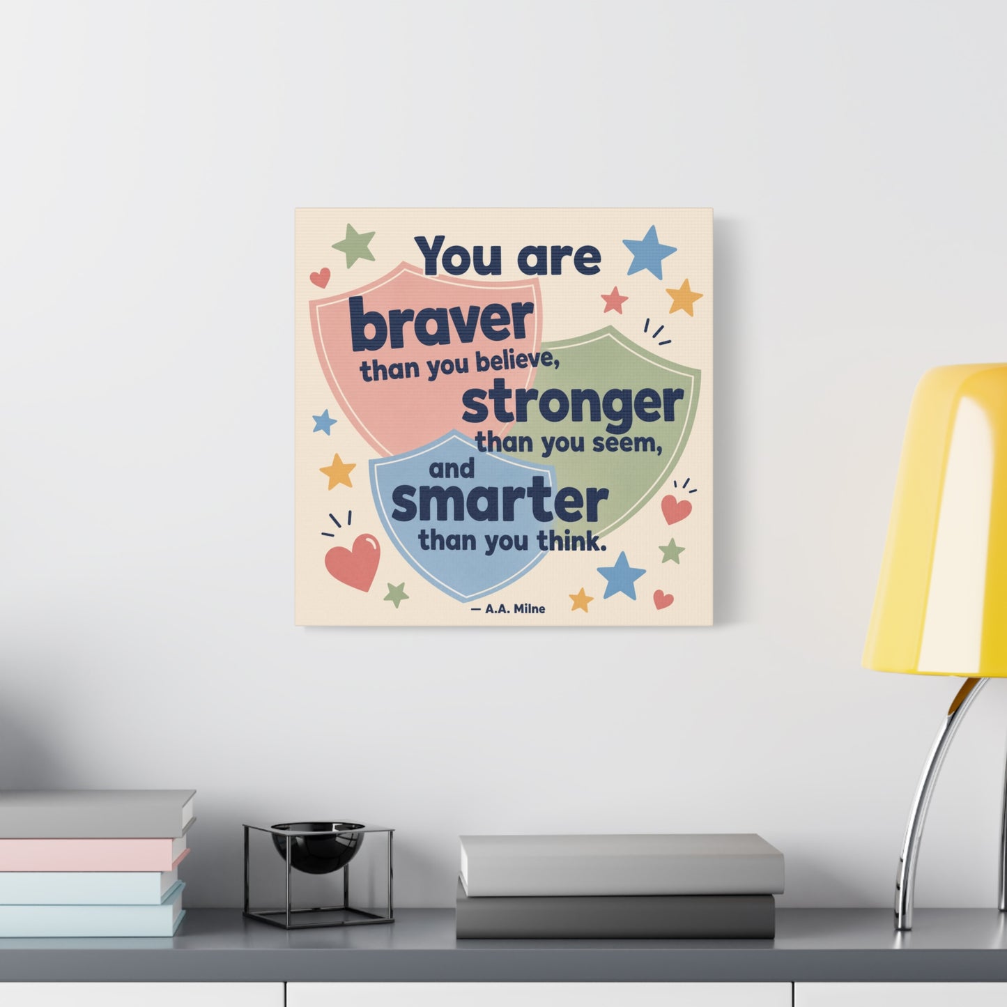 "You Are Braver, Stronger, Smarter" Quote Canvas Wall Art - Kids Inspirational Typography Print, Pastel Shield Stars Hearts Design - Nursery Bedroom Classroom Decor - Office Wall Art - Ready to Hang