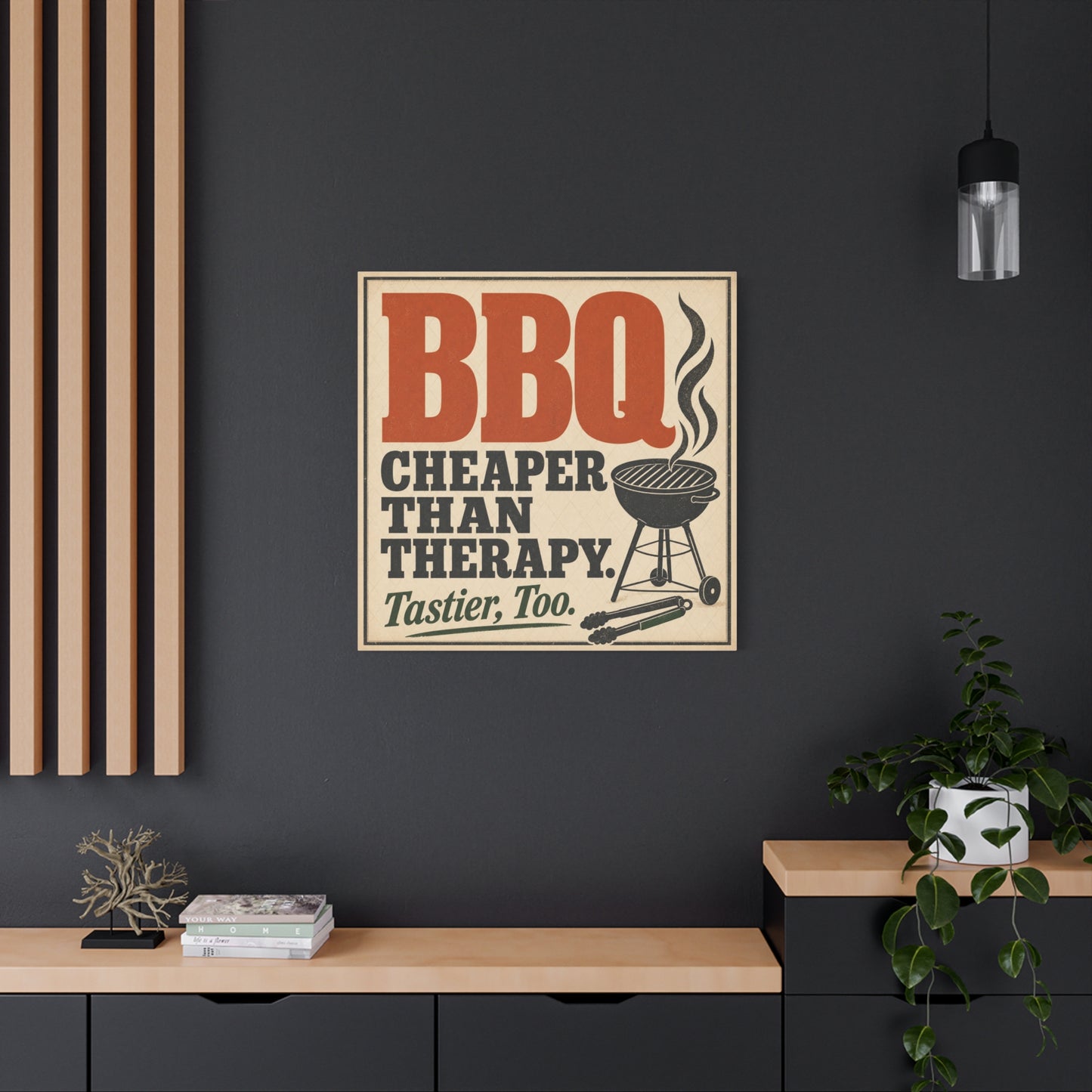 "BBQ Cheaper Than Therapy. Tastier, Too." Canvas Wall Art - Vintage Grill Quote Kitchen Decor - Rustic Typography Print, Farmhouse Barbecue Sign - Modern Farmhouse Style - Living Room Wall Decor