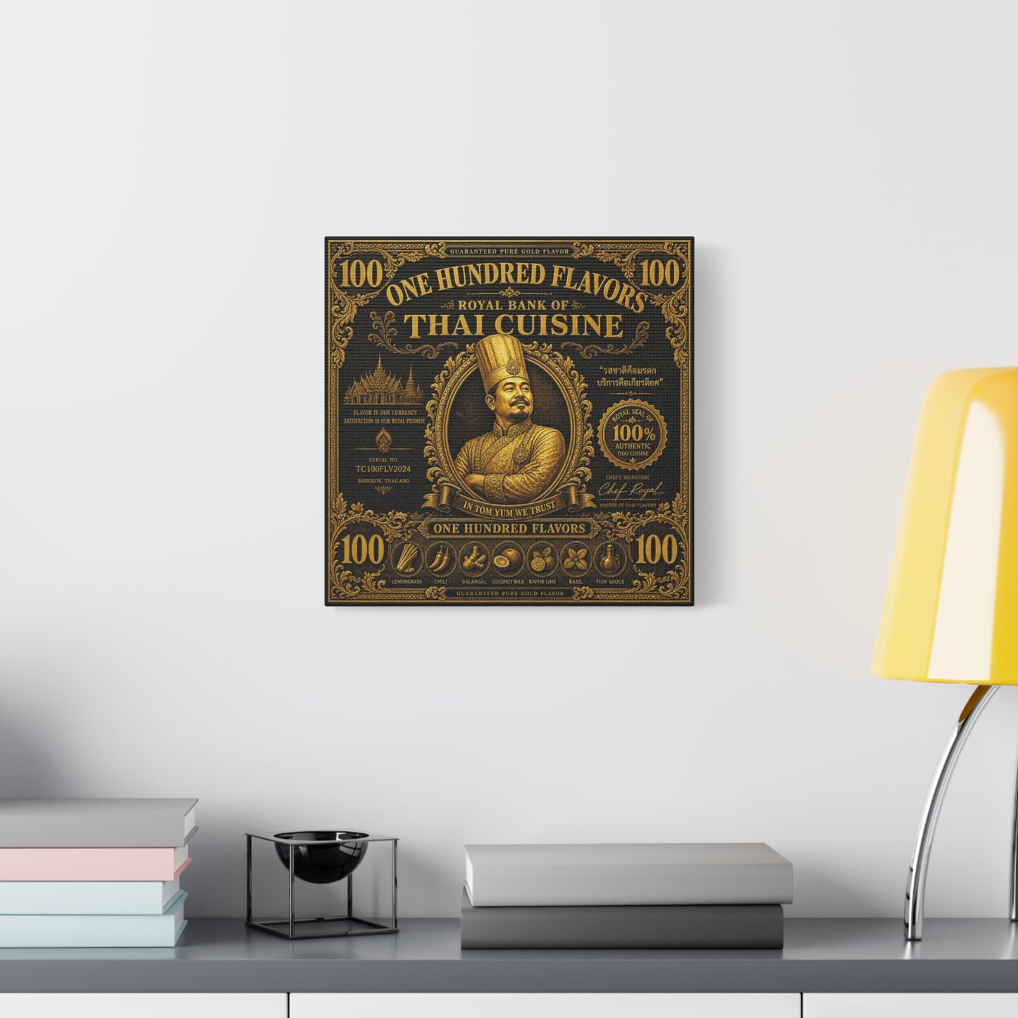 "One Hundred Flavors" Thai Cuisine Canvas Wall Art - Vintage Gold Chef Portrait, Typography Poster Print, Ornate Bangkok Illustration - Restaurant Decor, Dining Room Accent, Cafe Wall Decor